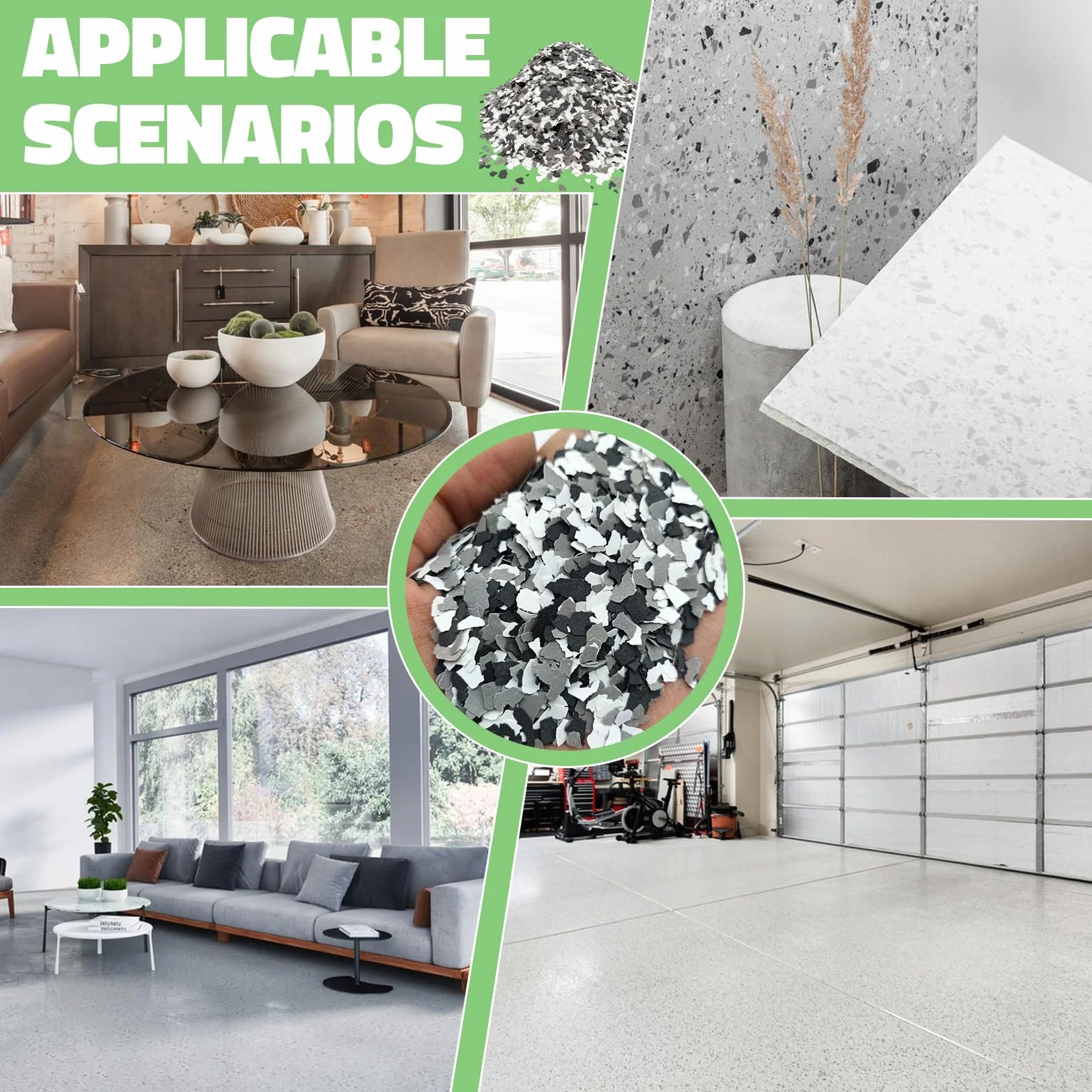 Betonfarbe Dekorative Bodenbeschichtung Flocken, 500G Dekorative Epoxidharz Farbchips Epoxy Flocken für Betonbodenbeschichtungen Wandfarbe Garage Wohnzimmer DIY Projekte (Weiß Schwarz Grau)