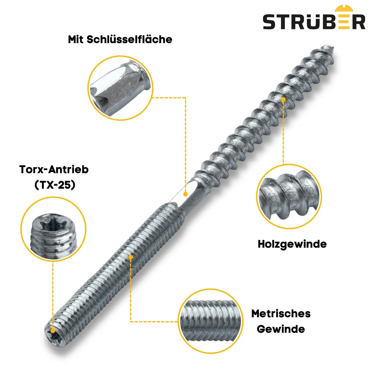 STRÜBER Stockschrauben Torx M8 x 120mm – 50 Stück) Schraubstifte Gewindestifte Stahl verzinkt TX-25 Doppelgewindeschrauben Rohrschellen Befestigungsmaterial