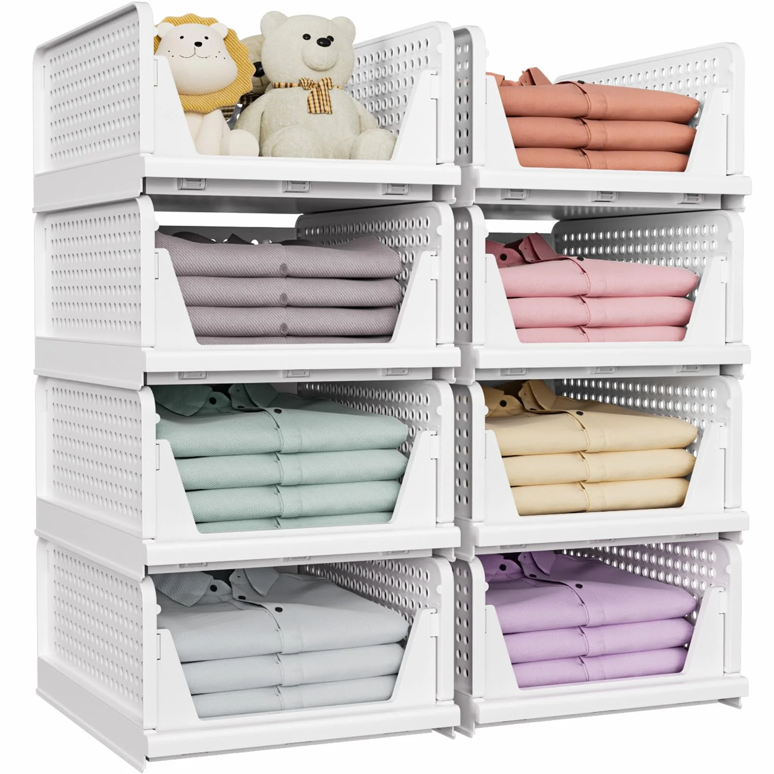 8 Pack Closet Organizers and Storage, Stackable & Foldable Closet Bins | Closet Storage Basket for Bathroom, Kitchen, Laundry Room, Drawer Shelf & Wardrobe Storage, Space-Saving Design, White