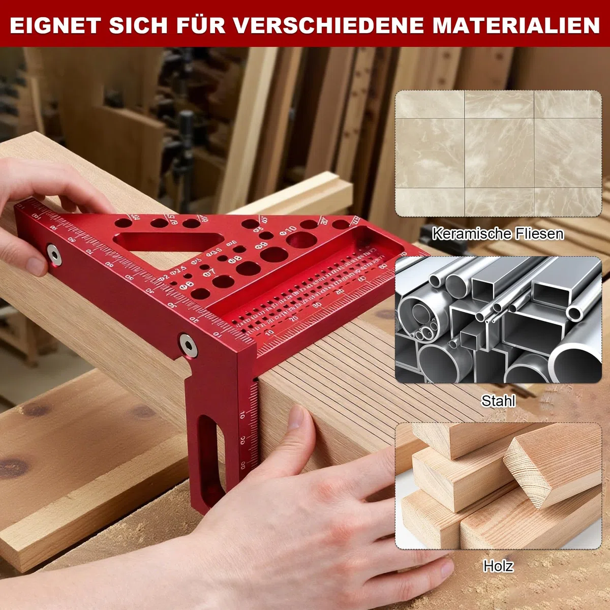 3D-Mehrwinkel-Messlineal, 22.5-90 Gehrungswinkel aus Aluminiumlegierung, Hochpräzise Holzbearbeitung Messwerkzeuge, Präziser Zimmermannswinkel Winkelmesser für Tischler, Ingenieur Rote