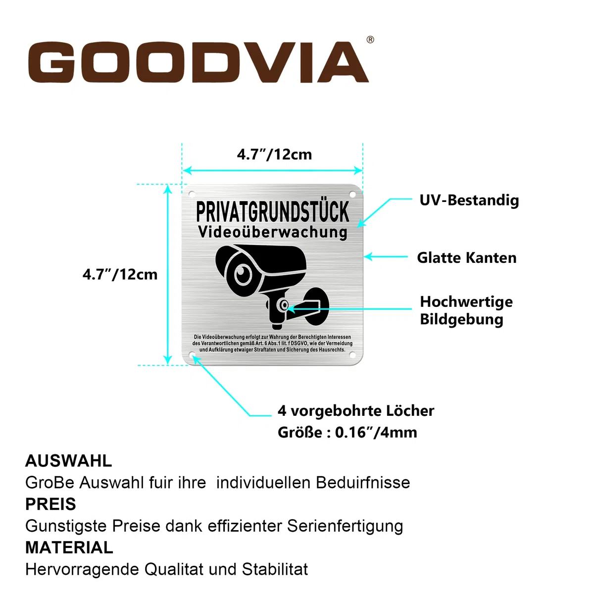 Schild Videoüberwachung Privatgrundstück Selbstklebend 12x12cm Klein Aluminium dsgvo Sicherheitsbereich Grundstück Videoüberwacht Metallschild für Innen und Außen