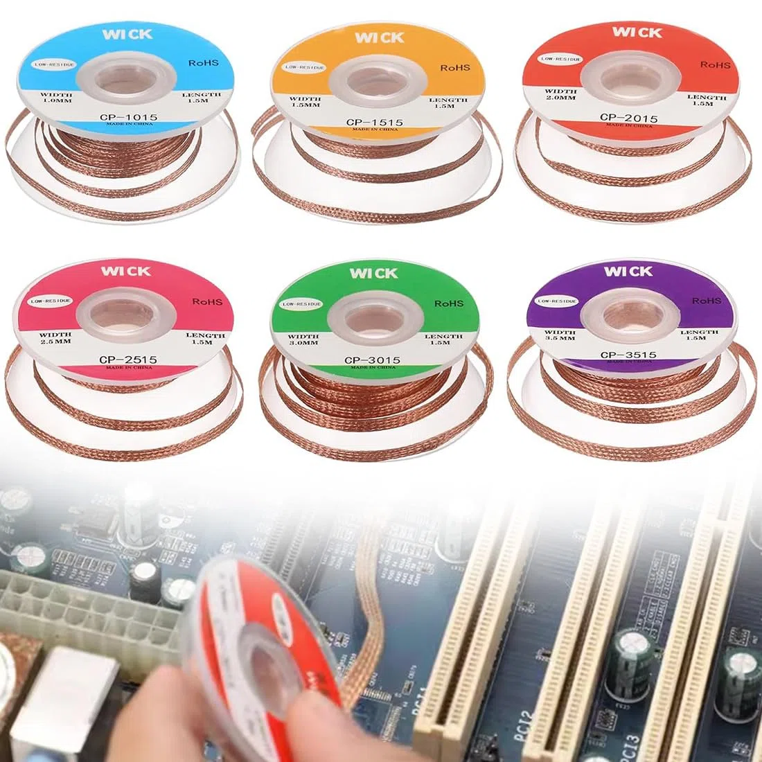 6 Stück Set Entlötlitze – 1.5m Kupfer Entlötdraht (1.0/1.5/2.0/2.5/3.0/3.5mm) | Ideal zum Entlöten und Entfernen von Lötzinn an Lötstellen | Hohe Wärmeleitfähigkeit Lötlitze
