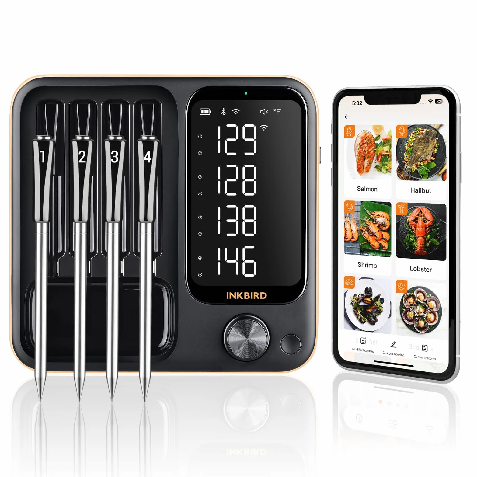 4-Probe WiFi Wireless Meat Thermometer with 360°Readable LCD Standalone Base, WiFi and Bluetooth 5.3 Unlimited Range, IPX8 Waterproof Food Kitchen Thermoemter for BBQ, Grill, Smoker, Oven, Rotisserie