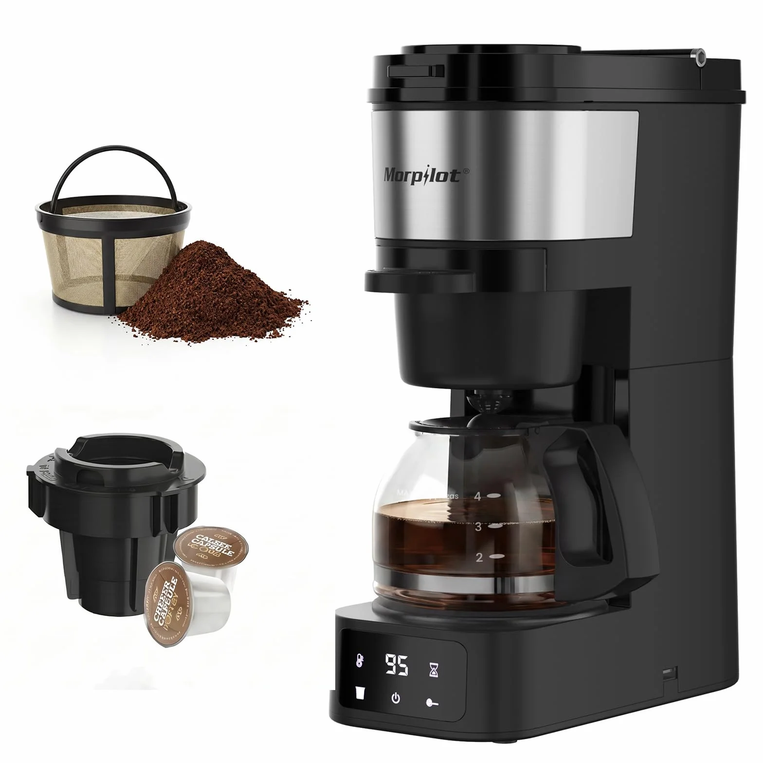 Morpilot 2-Way Coffee Maker, Compatible with K-Cup Pods or Grounds, Compact Drip Coffee Machine with 20oz/600ml Carafe Sizes, 4 Temperature Settings, 60 Min Keep Warm