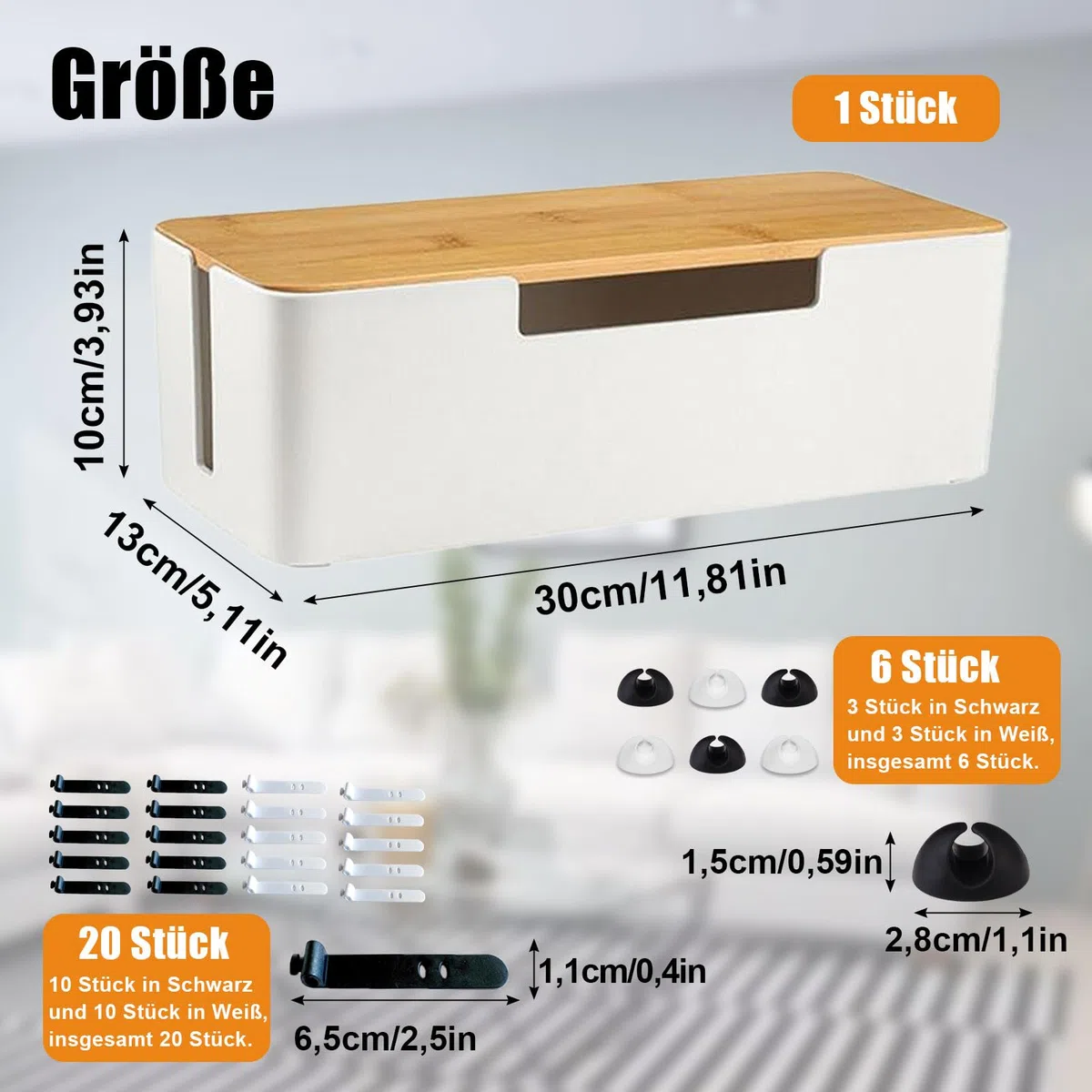 Kabelbox, Cord Organizer Box mit Hölzernem Deckel, 30x13x10cm Kabel Organizer Box Mit Kabelbinder und Kabelhaltern, Cable Management Box, Steckdosenbox, für Verlängerungskabel, Versteckte Kabel, Weiß