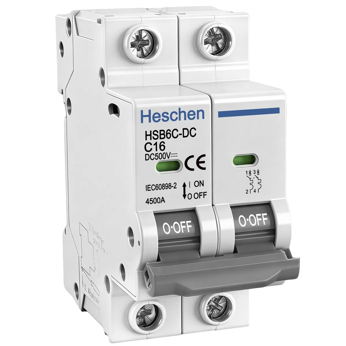 Heschen DC-Leitungsschutzschalter für Photovoltaik, HSB6C-DC, 2-polig, DC 500 V, C 16A, nicht polarisiert, DIN-Schienenmontage, für Solaranlagen
