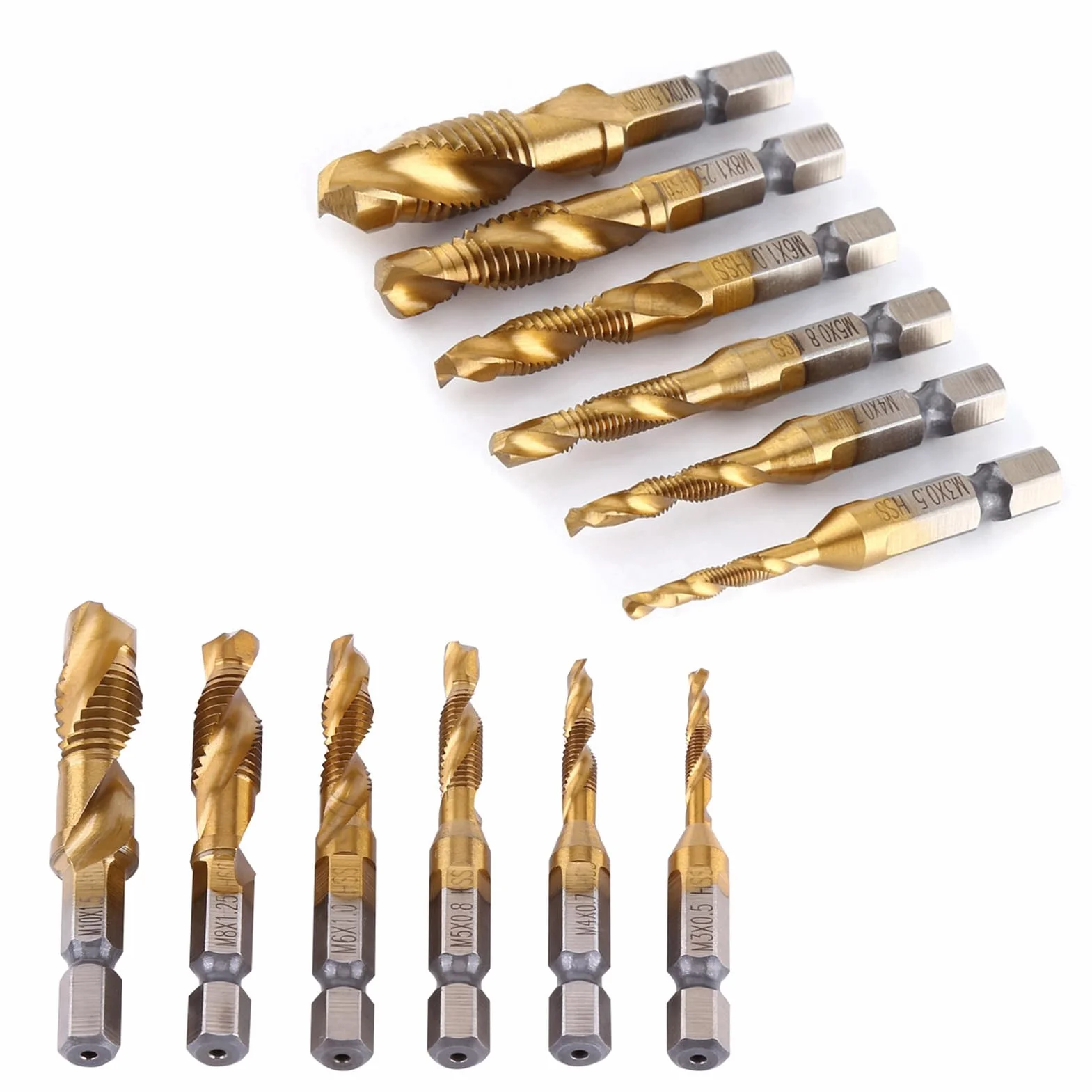 Dioche Metrisches Schnellarbeitsstahl-Gewindebohrer- und Bohrer-Set, Beschichtetes M3 Bis M10-Sechskantschaft-Spiralnut-Gewindeschneidwerkzeug für die Maschinelle Metallbearbeitung,