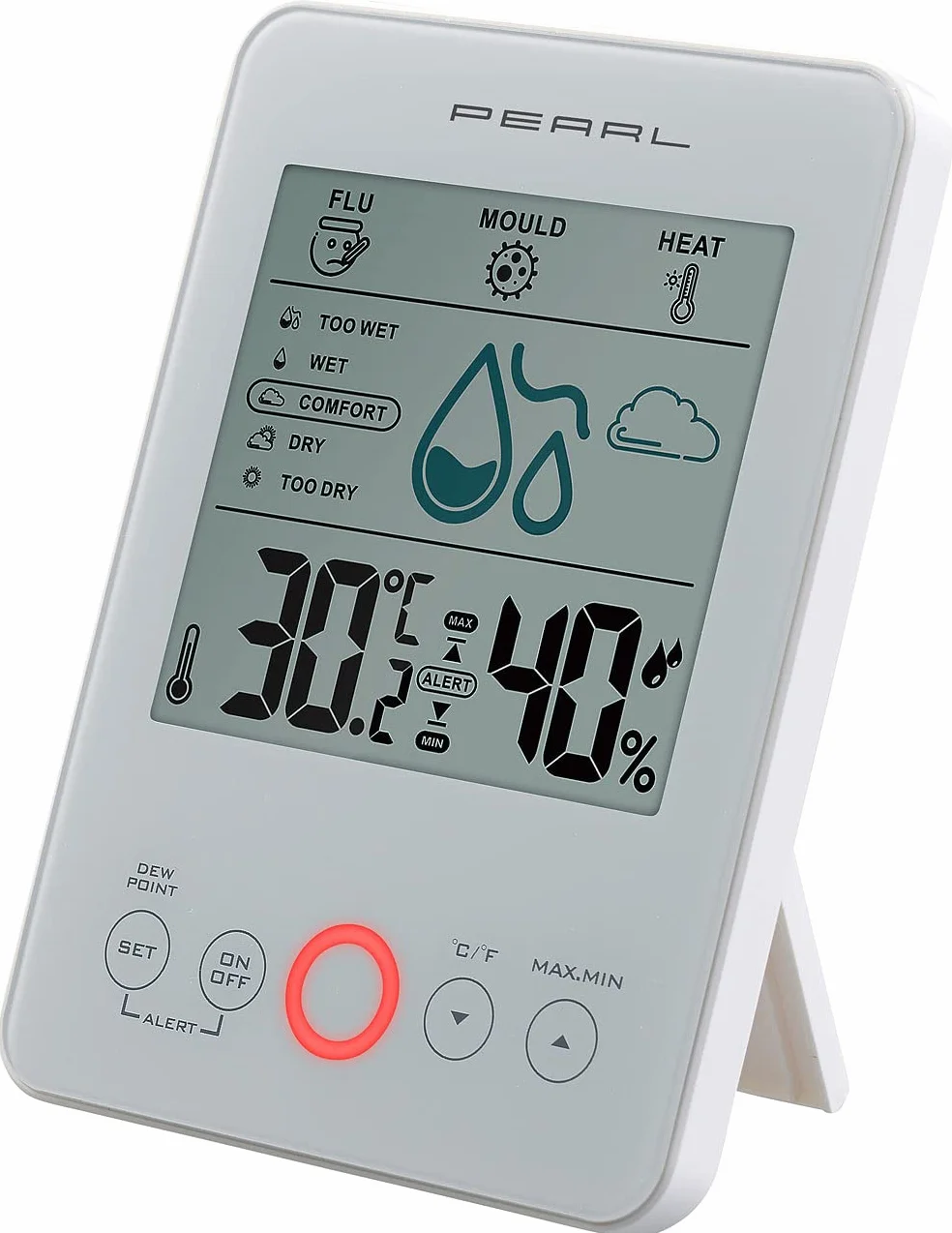 PEARL Hydrometer Digital: Digital-Hygro-/Thermometer mit Schimmel-Alarm & Komfort-Anzeige, weiß (Hygrometer mit Schimmelalarm, Hygrometer Thermometer, Kfz)