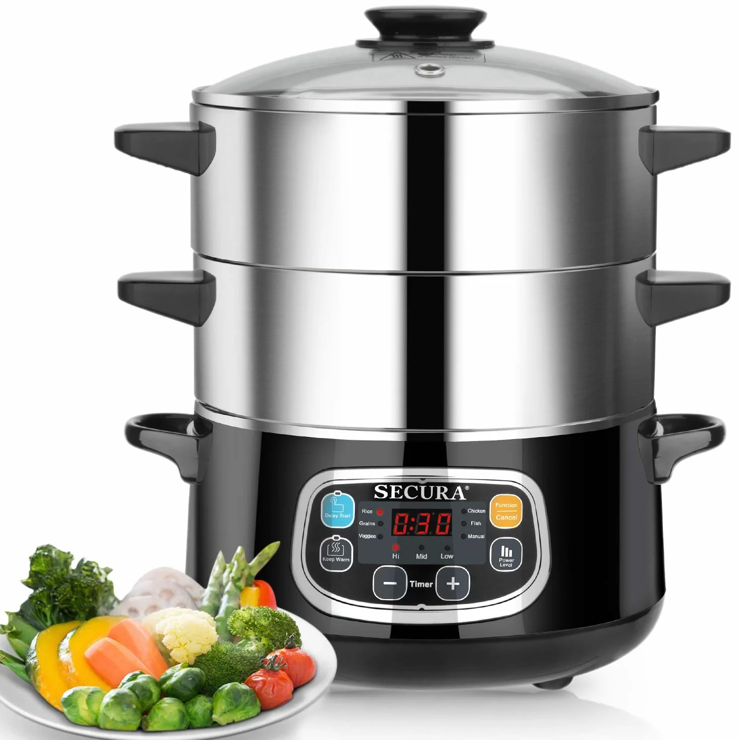Secura Electric Food Steamer, Vegetable Double Tiered Stackable Baskets with Timer 1200W Fast Heating Stainless Steel Digital Steamer 8.5 Quart