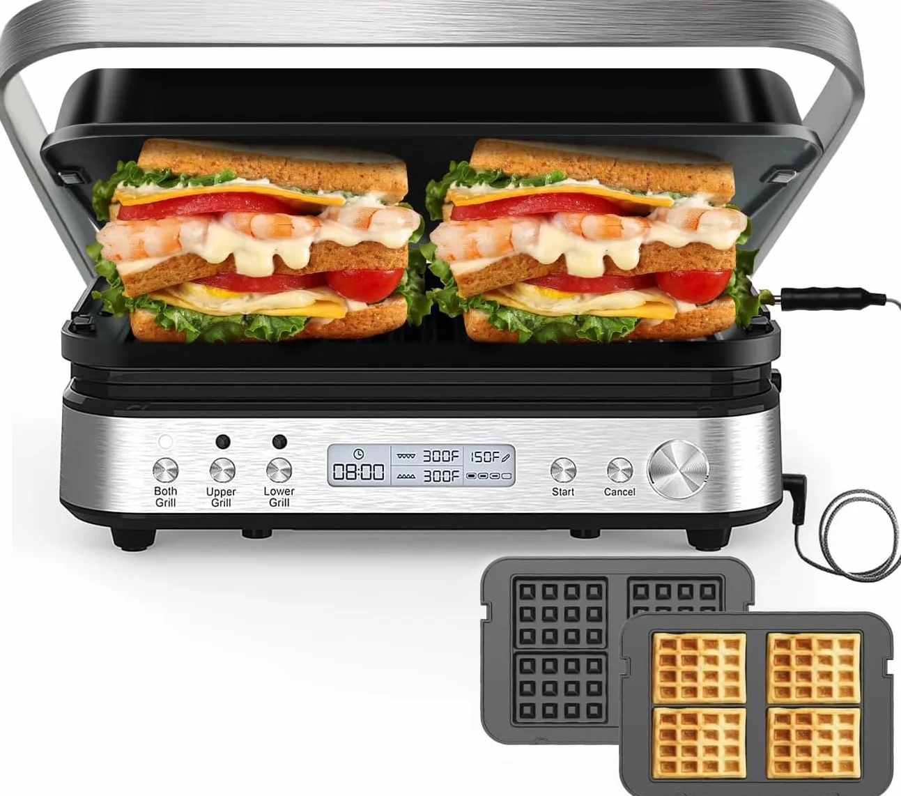 CATTLEMAN Panini Press Grill Sandwich Maker with Removable Plates, 1600W, 6 in 1 Indoor Grill with Meat Thermometer, Electric Contact Grills for Kitchen, Stainless Steel