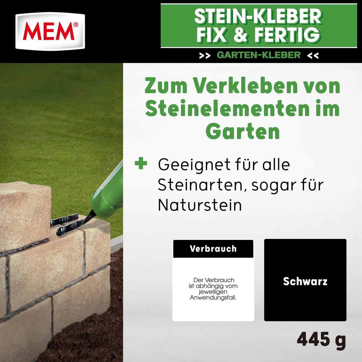MEM Stein-Kleber Fix & Fertig, Hohe Anfangshaftung, schnelle Aushärtung und sehr hohe Endfestigkeit, Für alle Steinarten, Lösemittelfrei, 445 g Kartusche, Schwarz