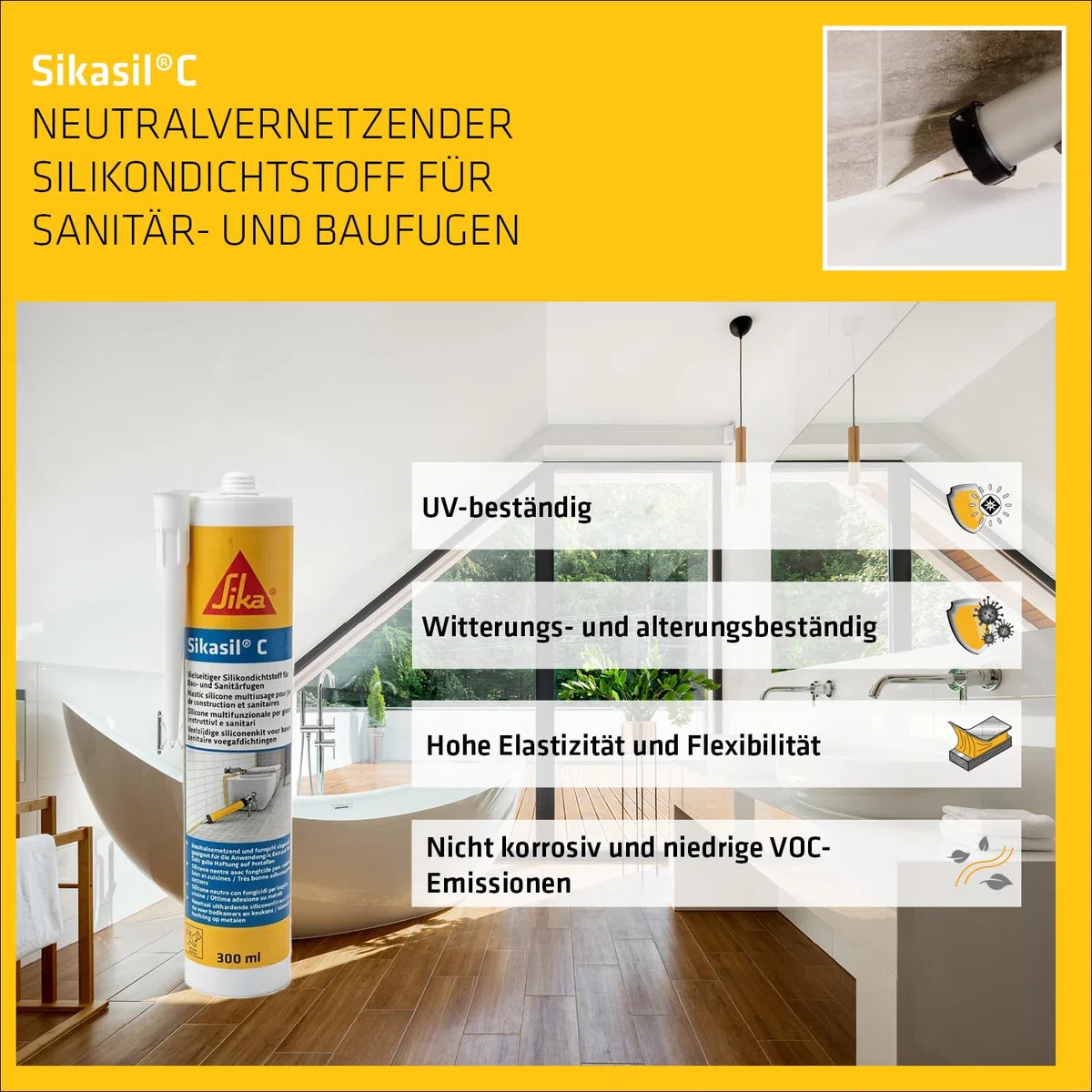 Sika - Sanitär Silikon - Sikasil C - Weiß - Zum Verfugen & Abdichten – Bad & Küche – Wasserdicht – Schimmelresistent – Geruchsarm – 300 ml