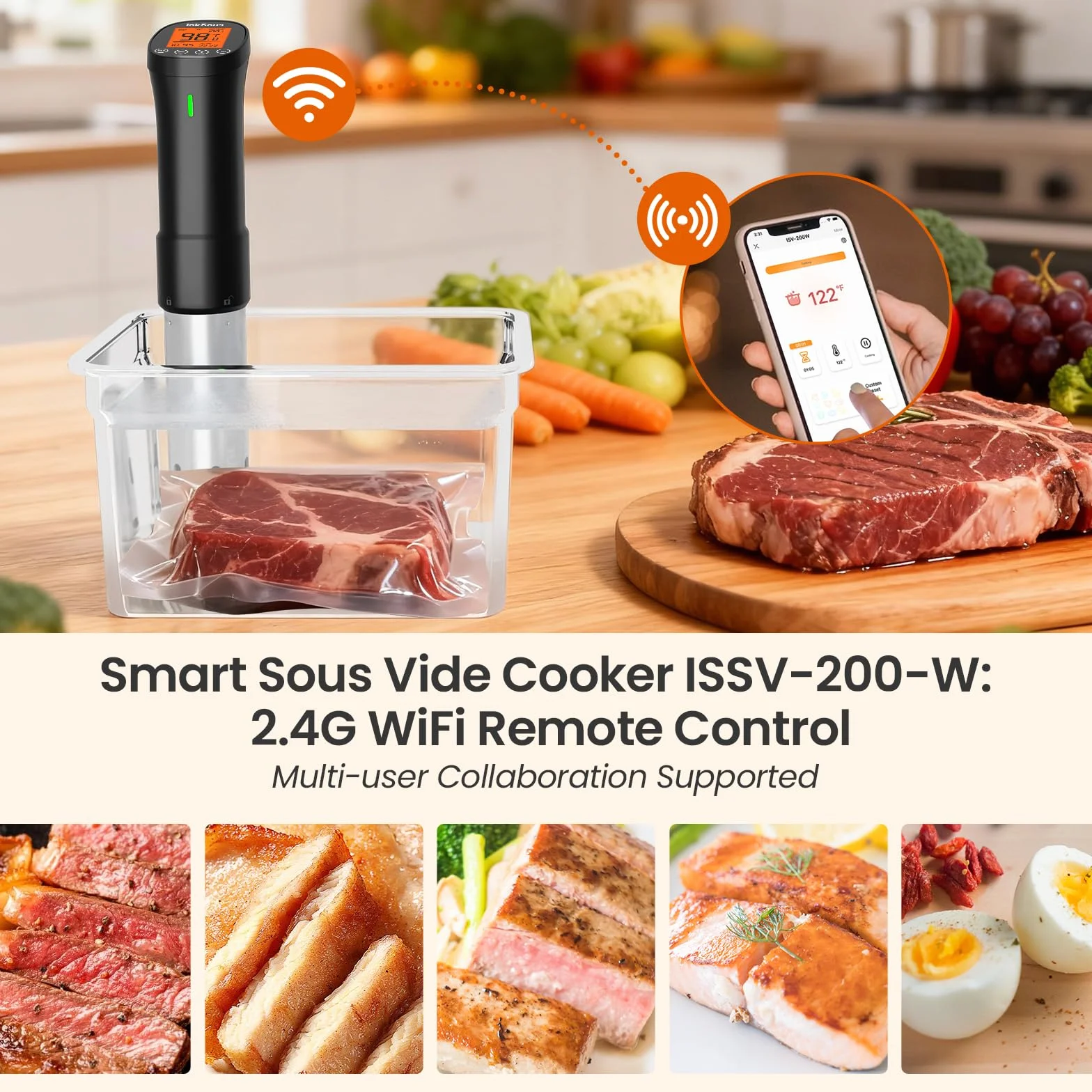 WiFi Sous Vide Cooker 2.4G, 1000W, APP Control, 1°F Accuracy | Sous Vide Machine ISSV-200-W with 18 Preset Recipes, 100-Hour Timer, Temperature Calibration&Alarm, Ultra-Quiet Fast Heating