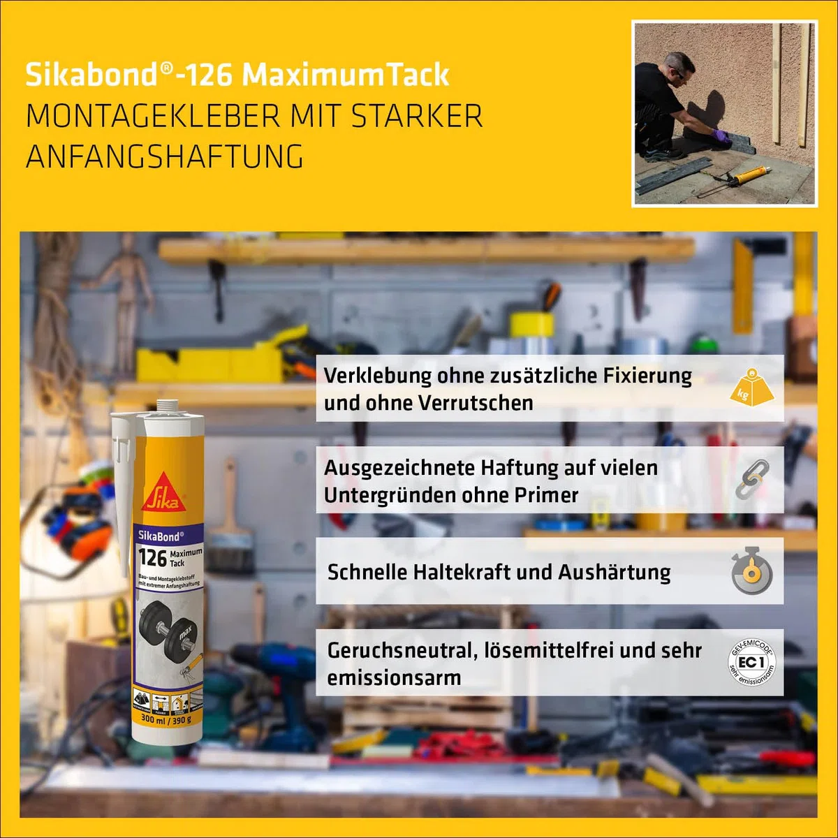 Sika– Bau- und Montagekleber – SikaBond 126 Maximum Tack - Weiß – Sehr starke Anfangshaftung – Für Metalle und Baustoffe – Lösemittelfrei – 300 ml