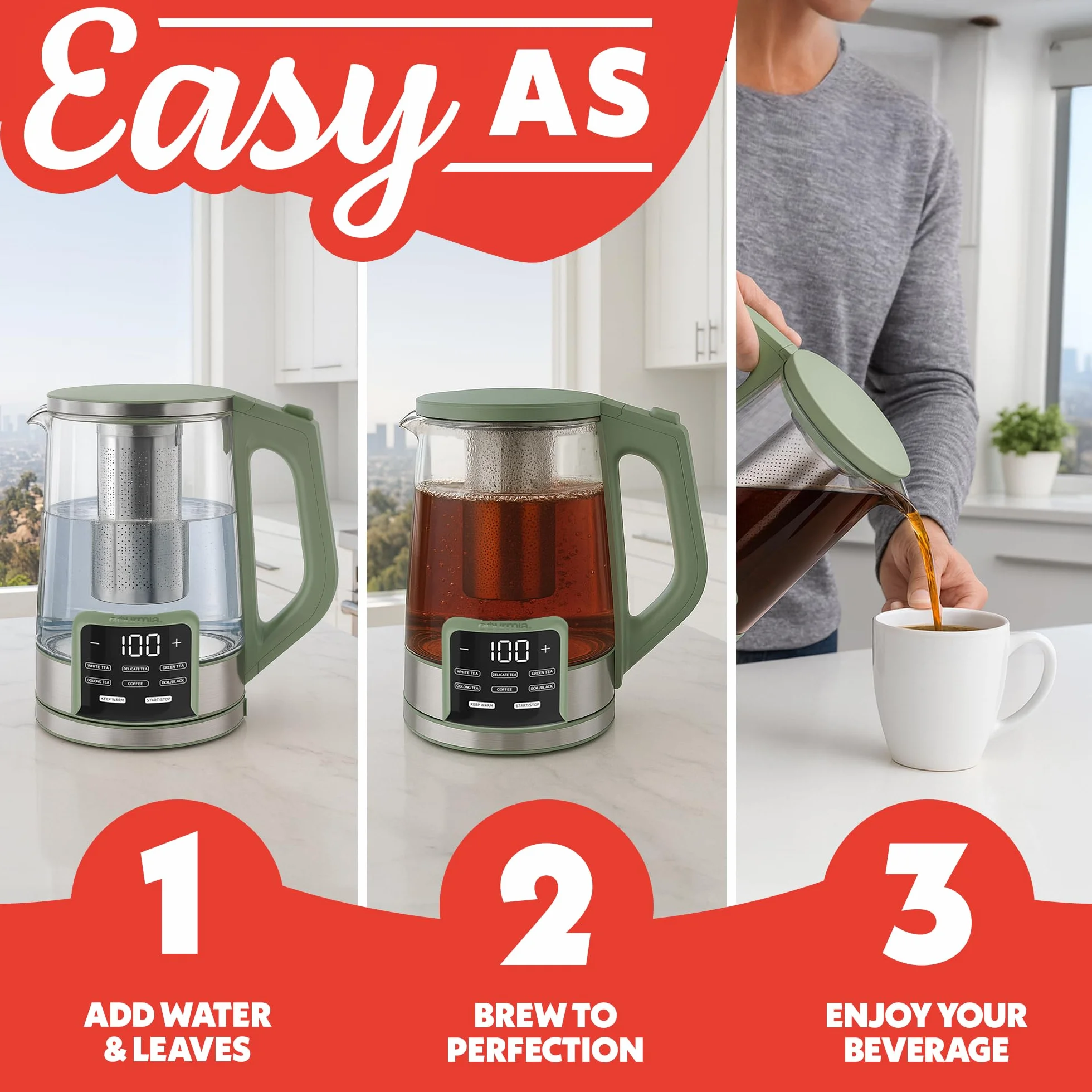 Electric Glass Kettle – 1.7L Programmable Tea & Coffee Brewer with Digital Touch Display, 6 Presets, Removable Stainless Steel Infuser, Cordless with 360° Swivel Base, Green
