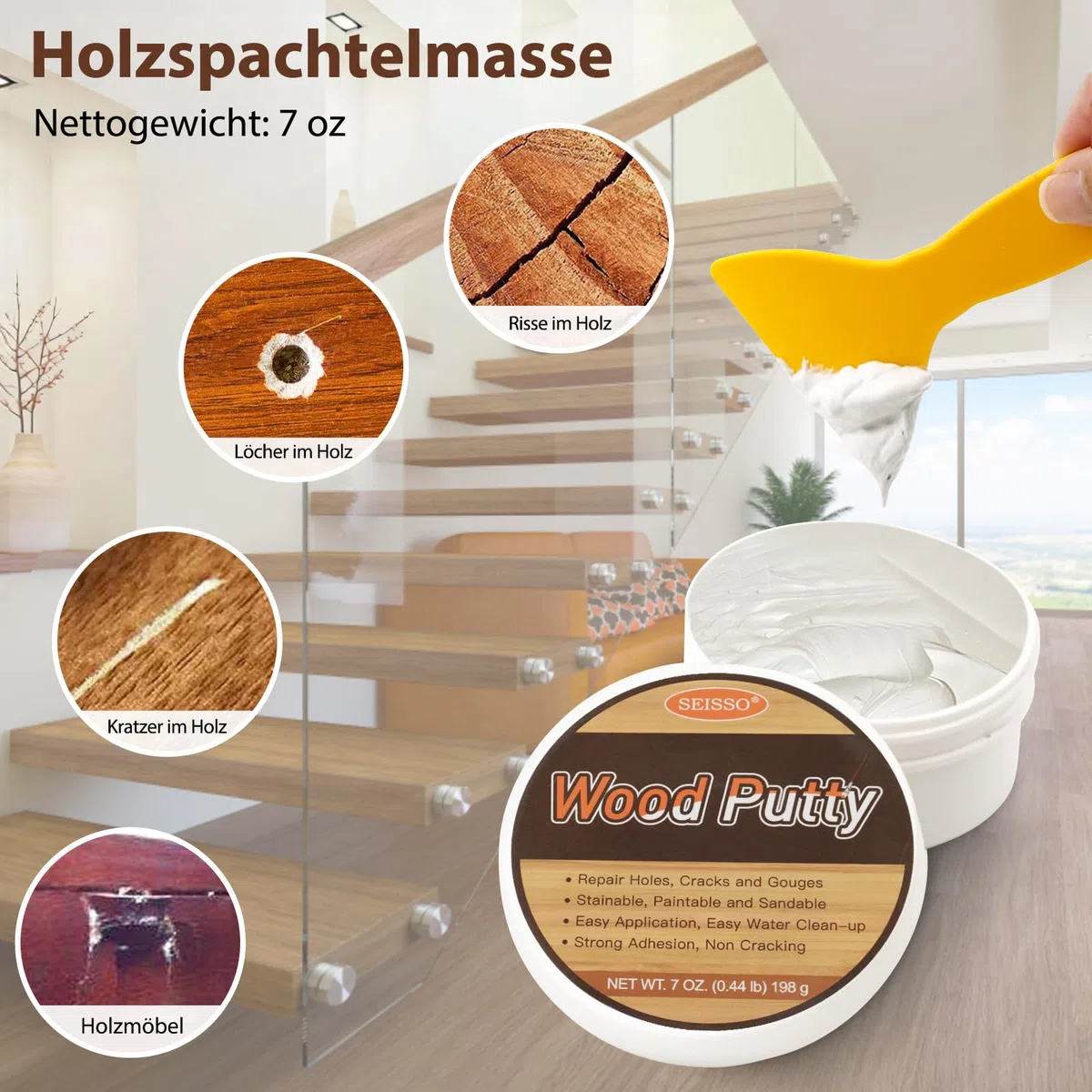 SEISSO Holzkitt Reparaturset, weiß 200g, zum Verschließen von Löchern, Rissen, Parkett Reparaturset