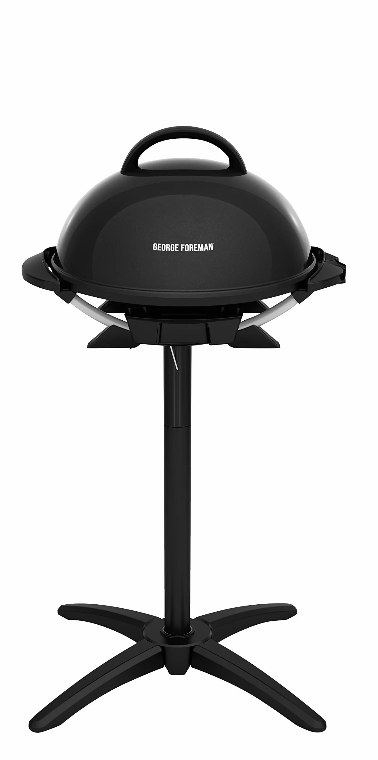 George Foreman Indoor/Outdoor Electric Grill with Stand, 15-Serving | 15-serving electric grill with removable stand, 5 heat settings and fat-removing slope for healthier grilling.