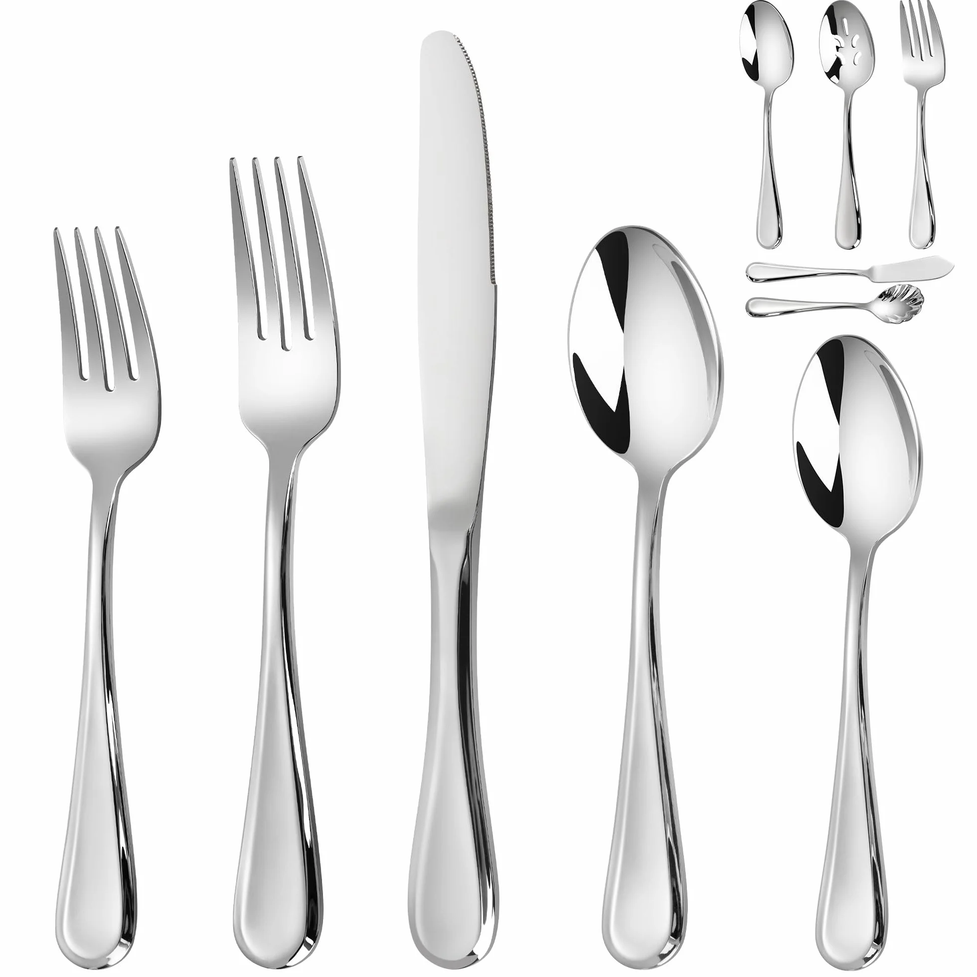 18/10 Stainless Steel Flatware Set for 12, 70-Piece High End Silverware Set, Weighted Flatware Set Includes Spoons Forks Knives and 2 Sets of Serving Utensils