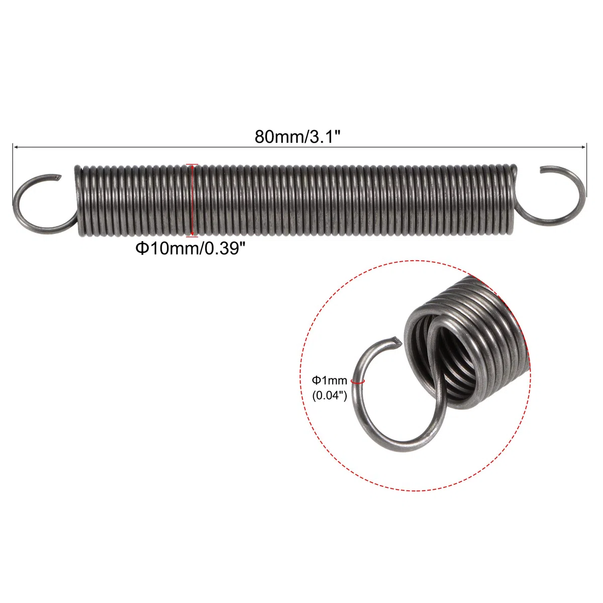sourcing map 2 Stück Spannfeder Zugfedern, 10 mm Außendurchmesser, 1 mm Drahtstärke, 136 mm Verlängerte Länge, 80 mm Freie Länge, Federstahl, 1,5 kg Tragfähigkeit, Grau