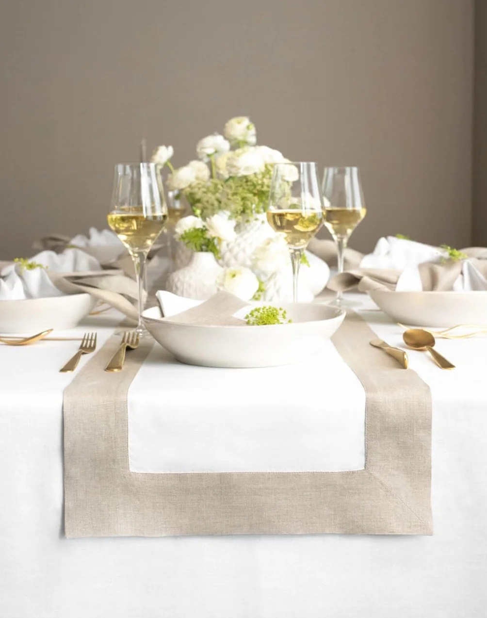 Solino Home 100% Linen Table Runner, 14 x 108 in, Natural and White Border | Contempo Table Runners for dining, hallway and console table styling | woven colour border | Pure Linen | OEKO-TEX Certified