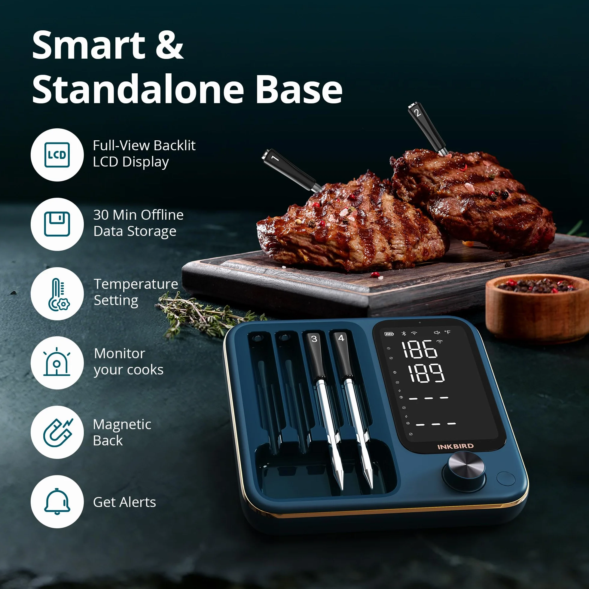 Wireless Meat Thermometer with WiFi 5G & Bluetooth 5.4, Smart Meat Thermometer for BBQ、Oven, Food Thermometer Digital with 4 Probes & 5 Sensors, NIST Accuracy, Watch Alerts, 25H Use, Waterproof
