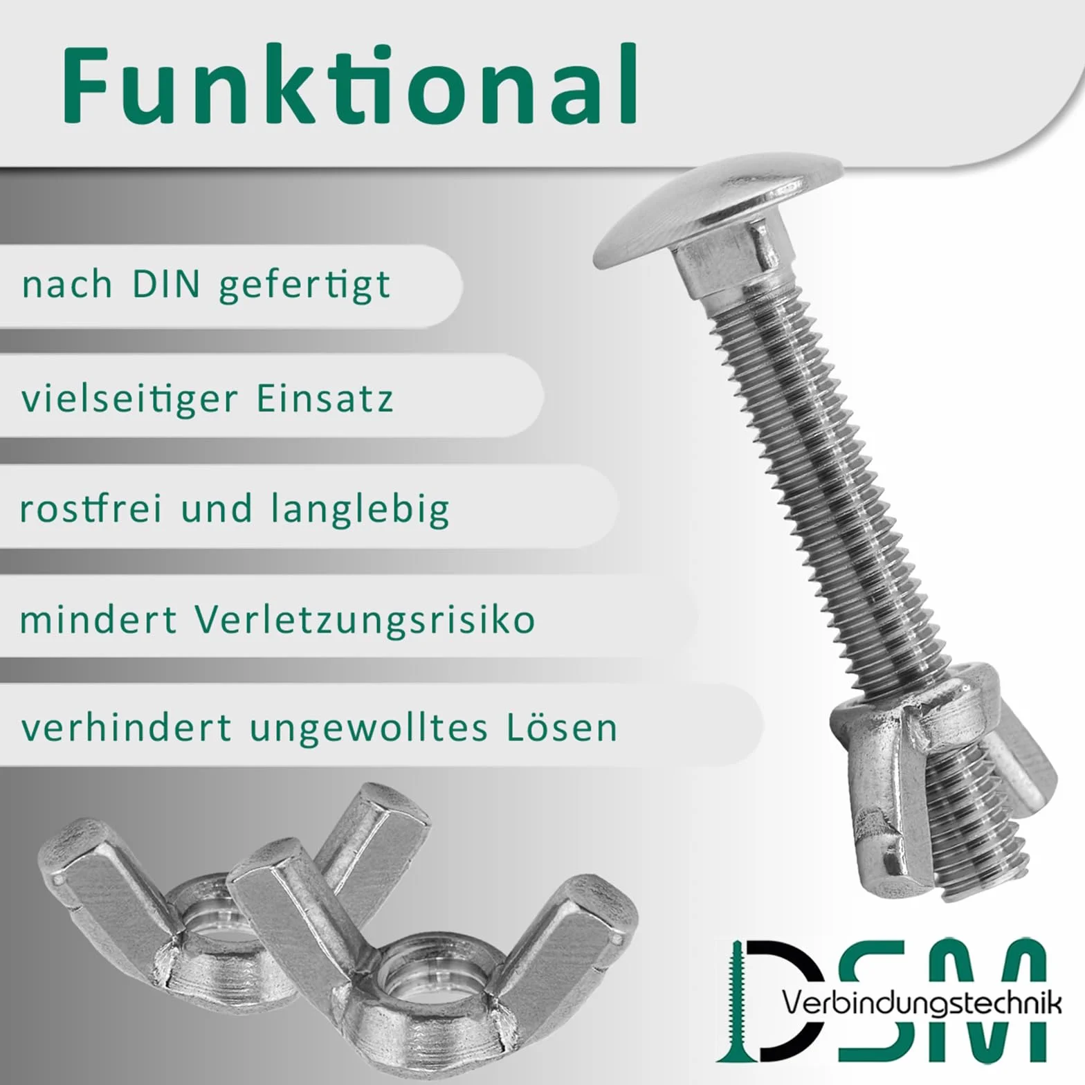 DSM – Schlossschrauben M5 x 90 mm nach DIN 603 – M5 Flügelmutter DIN 315 – Edelstahl A2/V2A – Vollgewinde – Flachrundkopfschrauben mit Vierkantansatz – Schmetterlingsmutter – 10 Stück