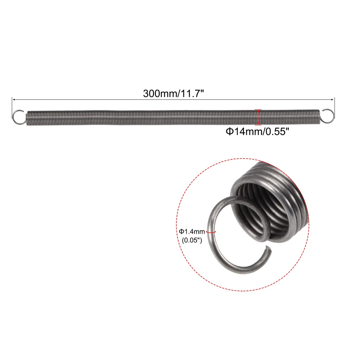 sourcing map Spannfeder Zugfedern, 14 mm Außendurchmesser, 1,4 mm Drahtstärke, 525 mm Verlängerte Länge, 300 mm Freie Länge, Federstahl, 3,8 kg Tragfähigkeit, Grau