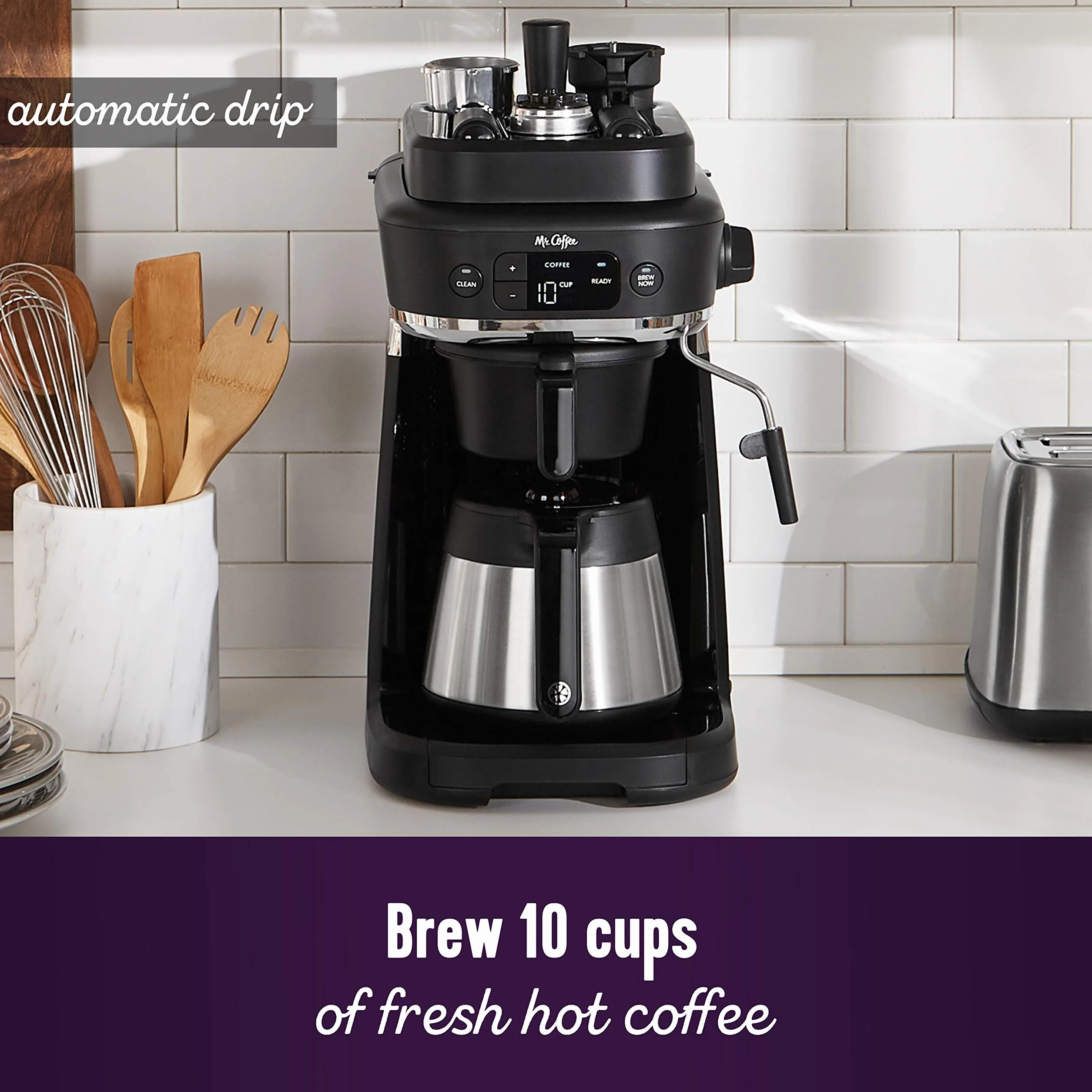Mr. Coffee All-in-One Occasions Specialty Pods Coffee Maker, 10-Cup Thermal Carafe, and Espresso with Milk Frother and Storage Tray, Black
