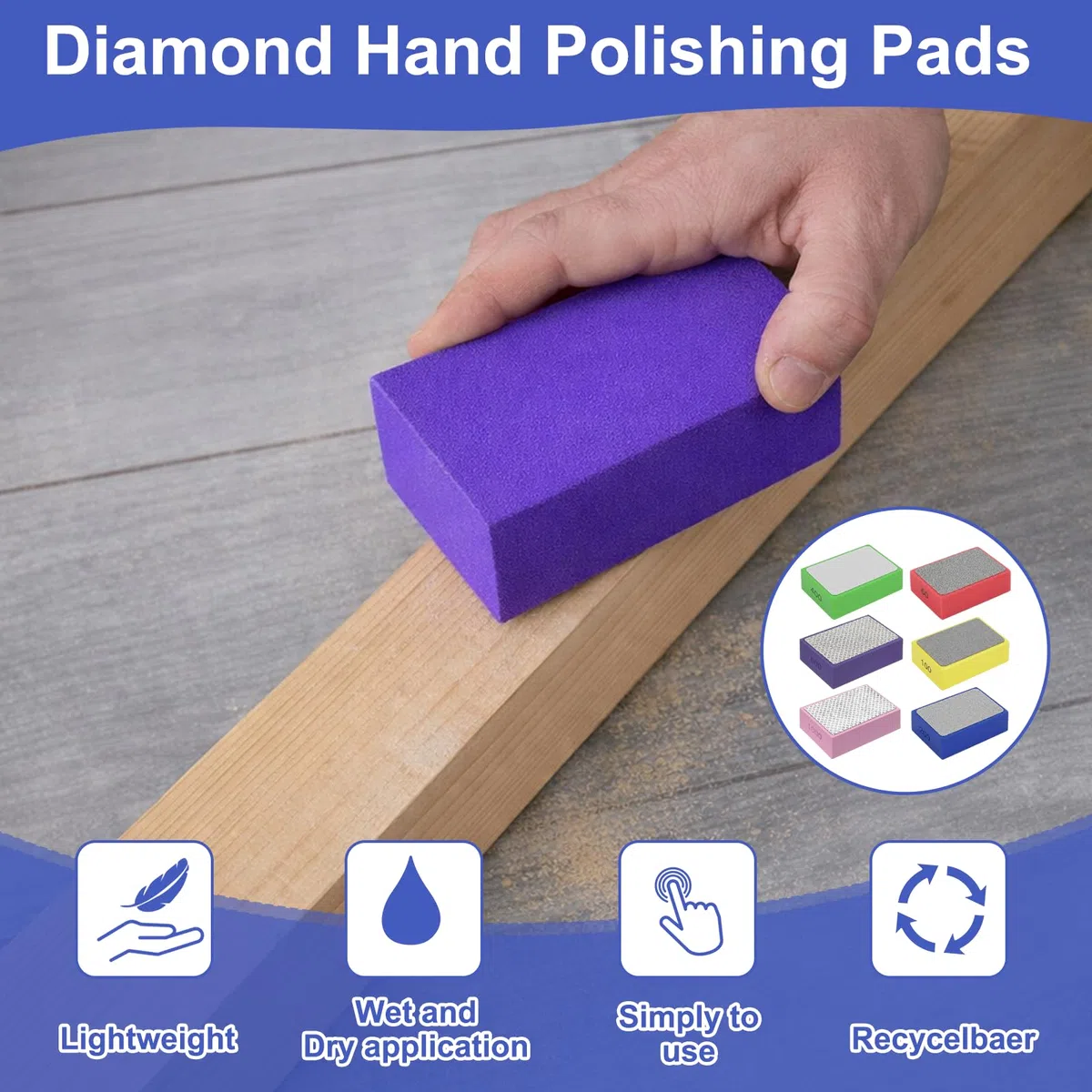 6 Stück Diamant Handschleifpad Set, Glas Schleifen Fliesen Schleifen, Diamant Schleifpad Diamantschleifblock, Polierpads für Stein keramik fliesen Glas, 60#, 100#, 200#, 400#, 600#, 1000#