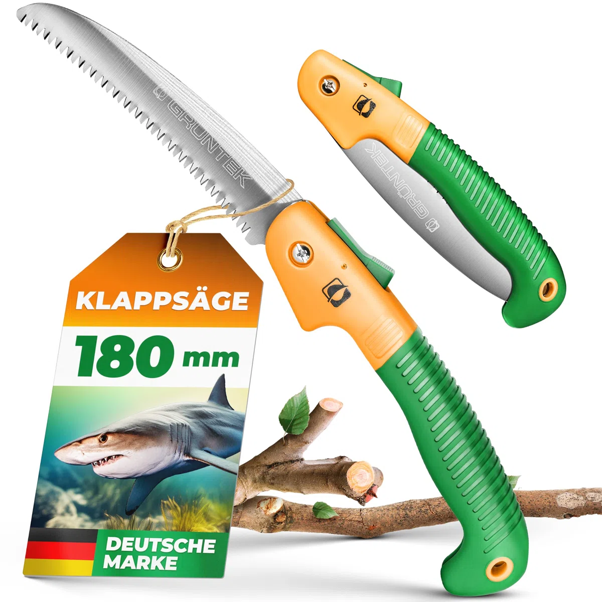 GRÜNTEK HAI 180mm Klappsäge Astsäge – Handsäge, Holzsäge, Baumsäge, Gartensäge, Outdoor Säge & Campingsäge, Taschensäge, klappbar, Säge, Faltsäge, pruning saw, pocket saw