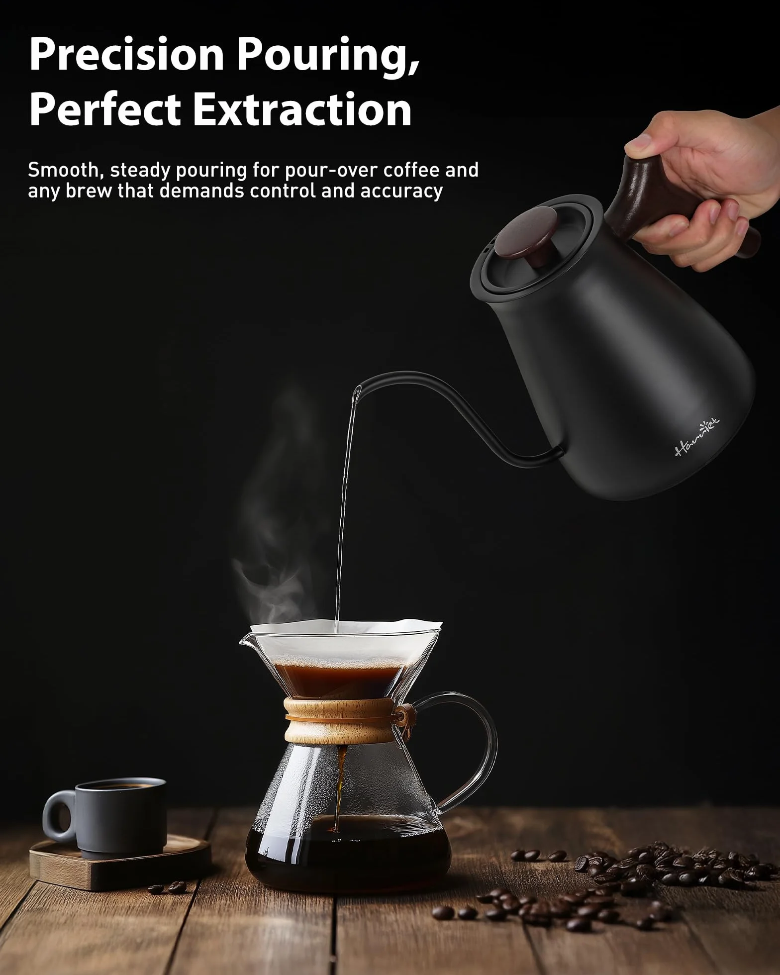 Gooseneck Electric Kettle, 0.8L, 1°F Control, Brew Timer | 120-Min Keep Warm, 104–203°F Control, Built-In Brew Timer, SUS304 Stainless Steel, Wood-Accent Handle for Pour-Over Coffee