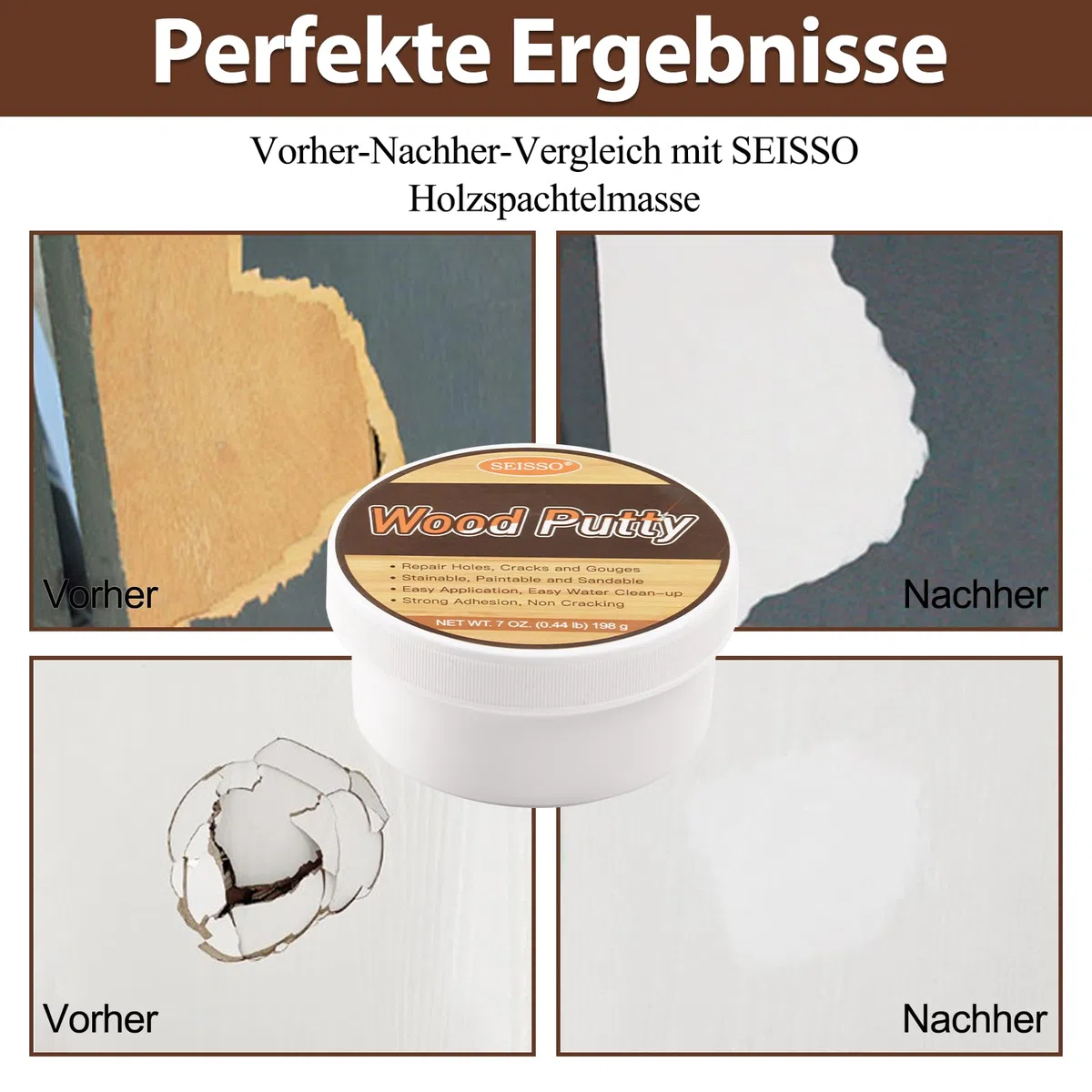 SEISSO Holzkitt Reparaturset, weiß 200g, zum Verschließen von Löchern, Rissen, Parkett Reparaturset