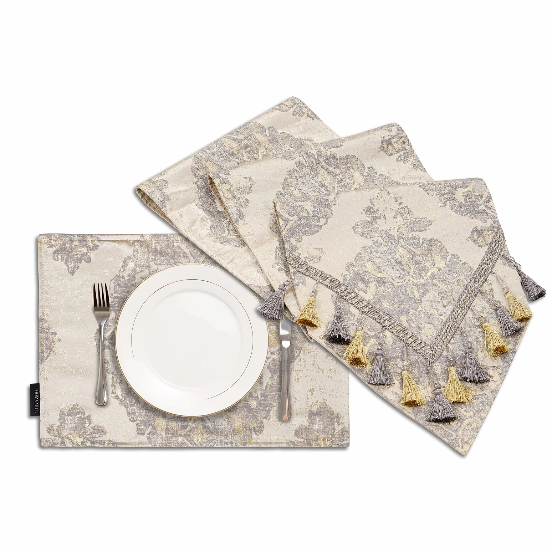 Loom and Mill Luxury Table Runner 120 inches Long Bundles 10 PCS Elegant Damask Jacquard Table Place Mats, Handmade Multi-Tassels & Double-Layer, Perfect for Dining Table Dresser Party Decorations