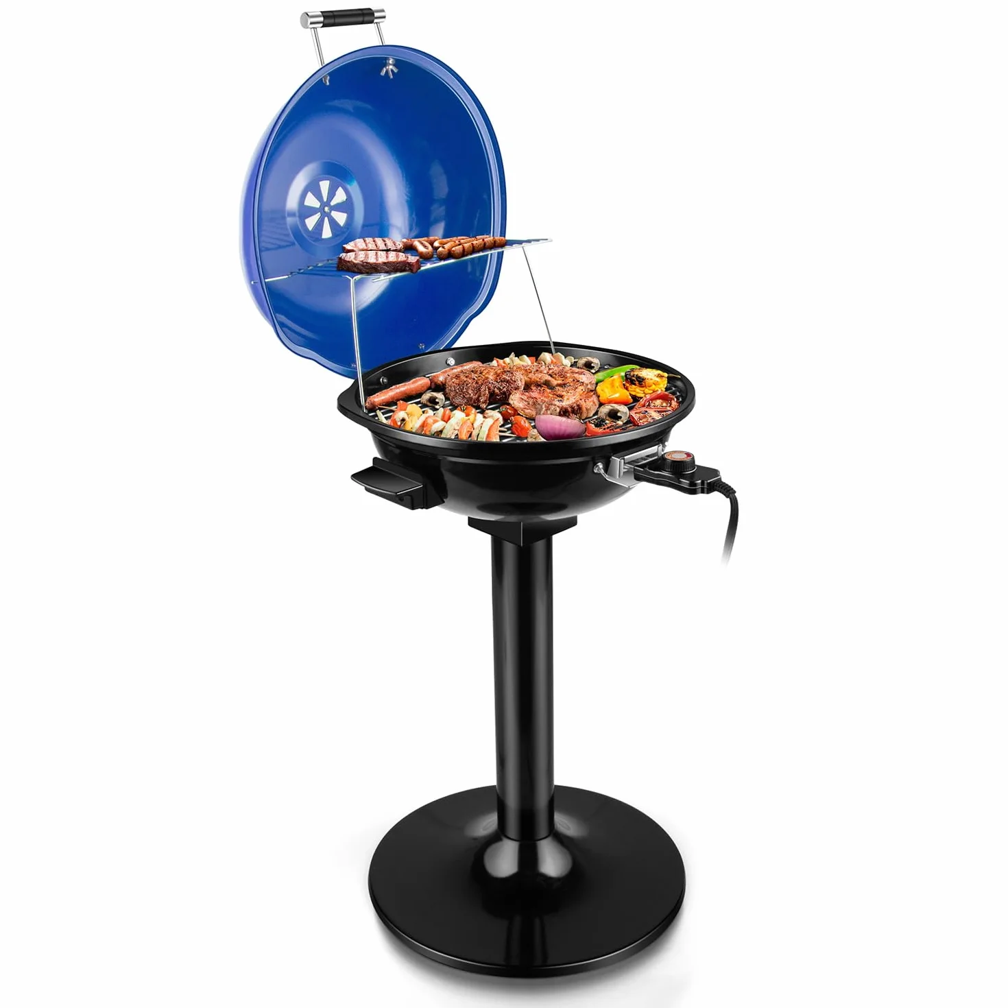 Electric Grill, Techwood Indoor/Outdoor Electric BBQ Grill, 1600W Portable Removable Stand Grill with Adjustable Heat & Drip Tray, Double Layer Design for Party, Patio & Backyard (Blue)