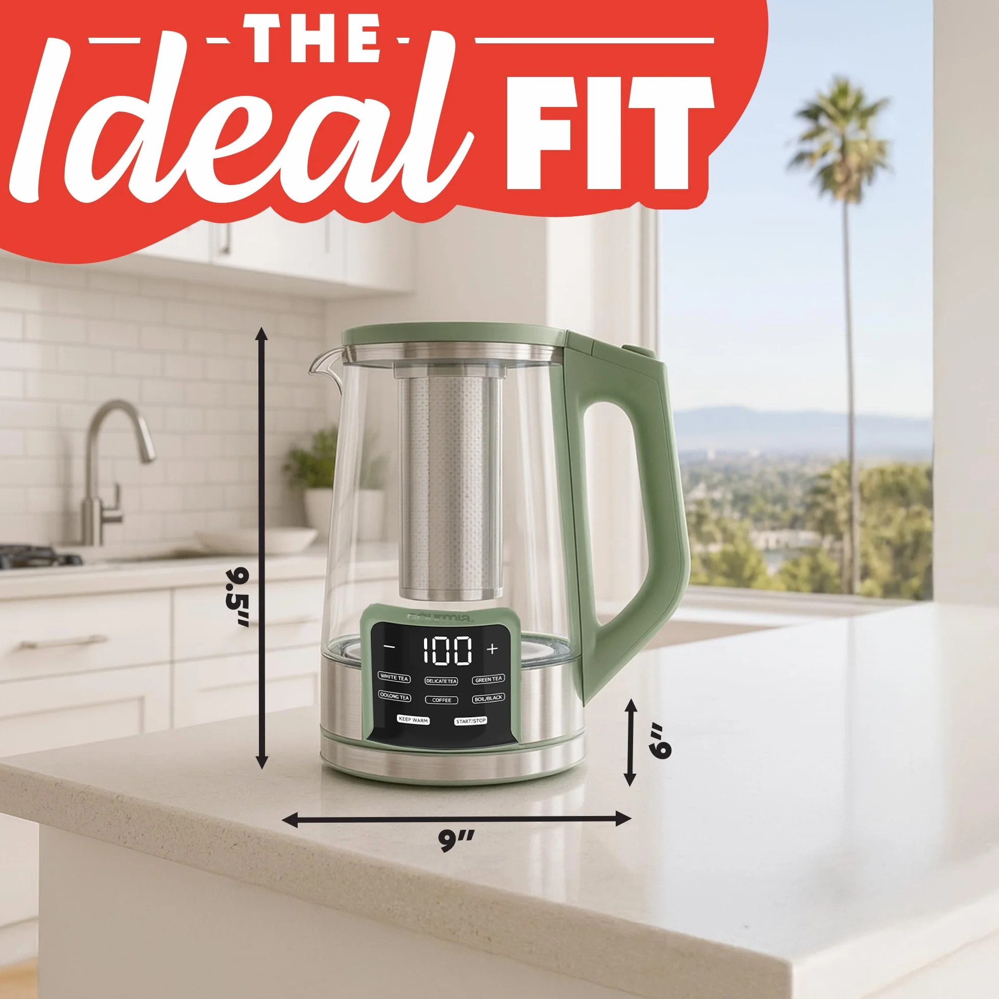 Electric Glass Kettle – 1.7L Programmable Tea & Coffee Brewer with Digital Touch Display, 6 Presets, Removable Stainless Steel Infuser, Cordless with 360° Swivel Base, Green