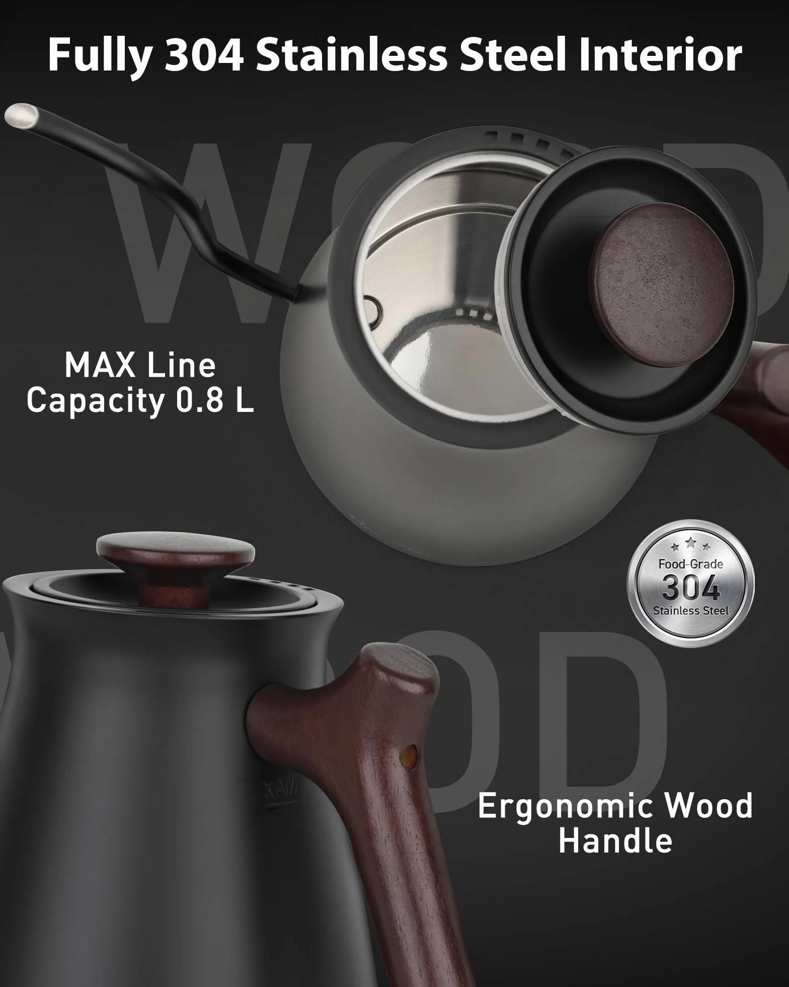 Gooseneck Electric Kettle, 0.8L, 1°F Control, Brew Timer | 120-Min Keep Warm, 104–203°F Control, Built-In Brew Timer, SUS304 Stainless Steel, Wood-Accent Handle for Pour-Over Coffee