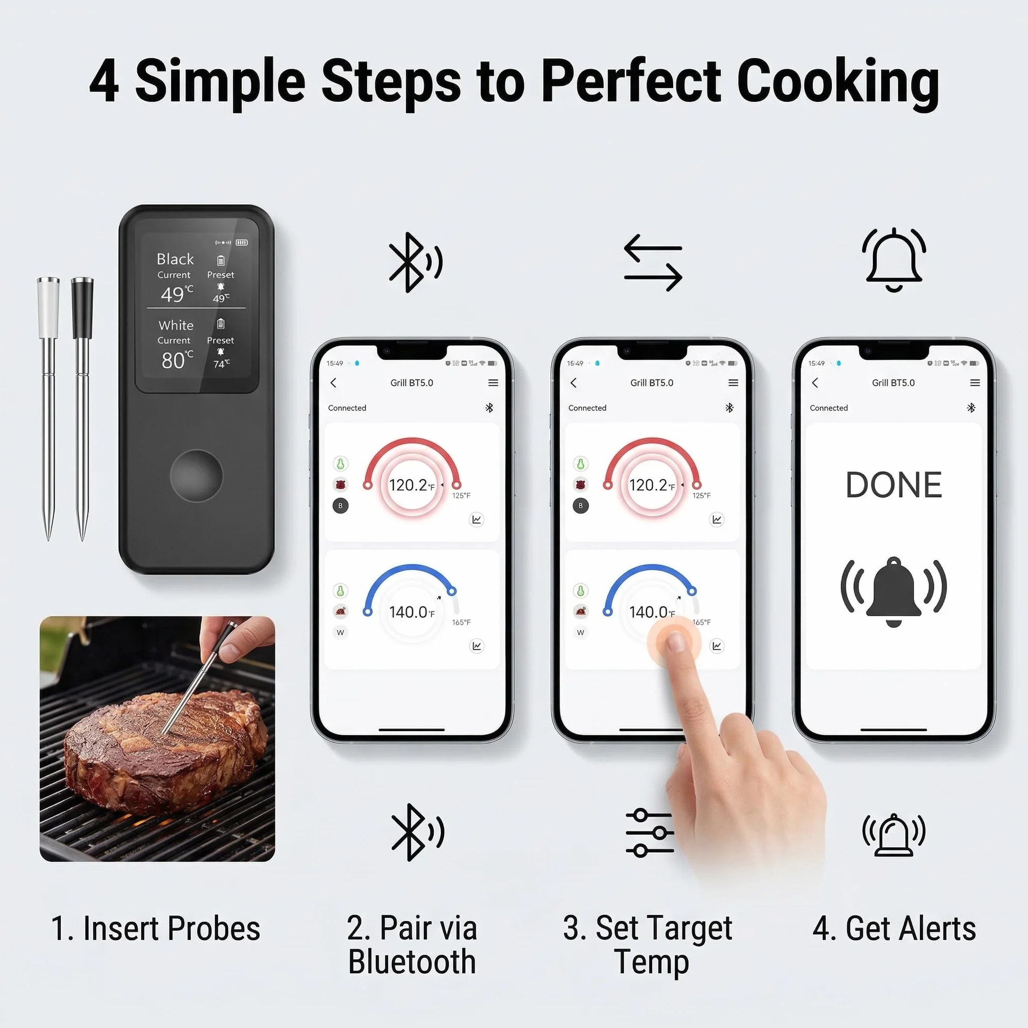 2.4 Inch Wireless Meat Therm游戏副本 with Dual Probes, Bluetooth Meat Thermometer with 500FT Range, 400°C Heat-Resistant Probe, Smart App with 12 Presets for Grilling BBQ Oven Smoker