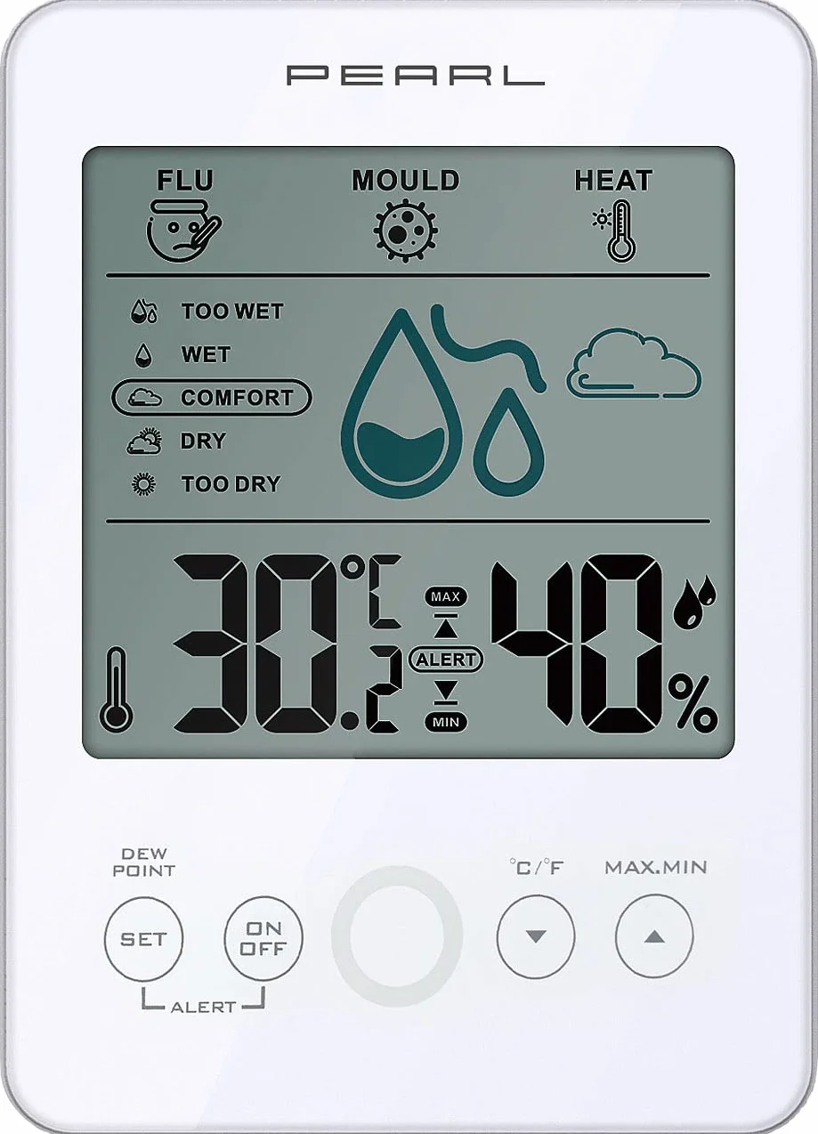 PEARL Hydrometer Digital: Digital-Hygro-/Thermometer mit Schimmel-Alarm & Komfort-Anzeige, weiß (Hygrometer mit Schimmelalarm, Hygrometer Thermometer, Kfz)