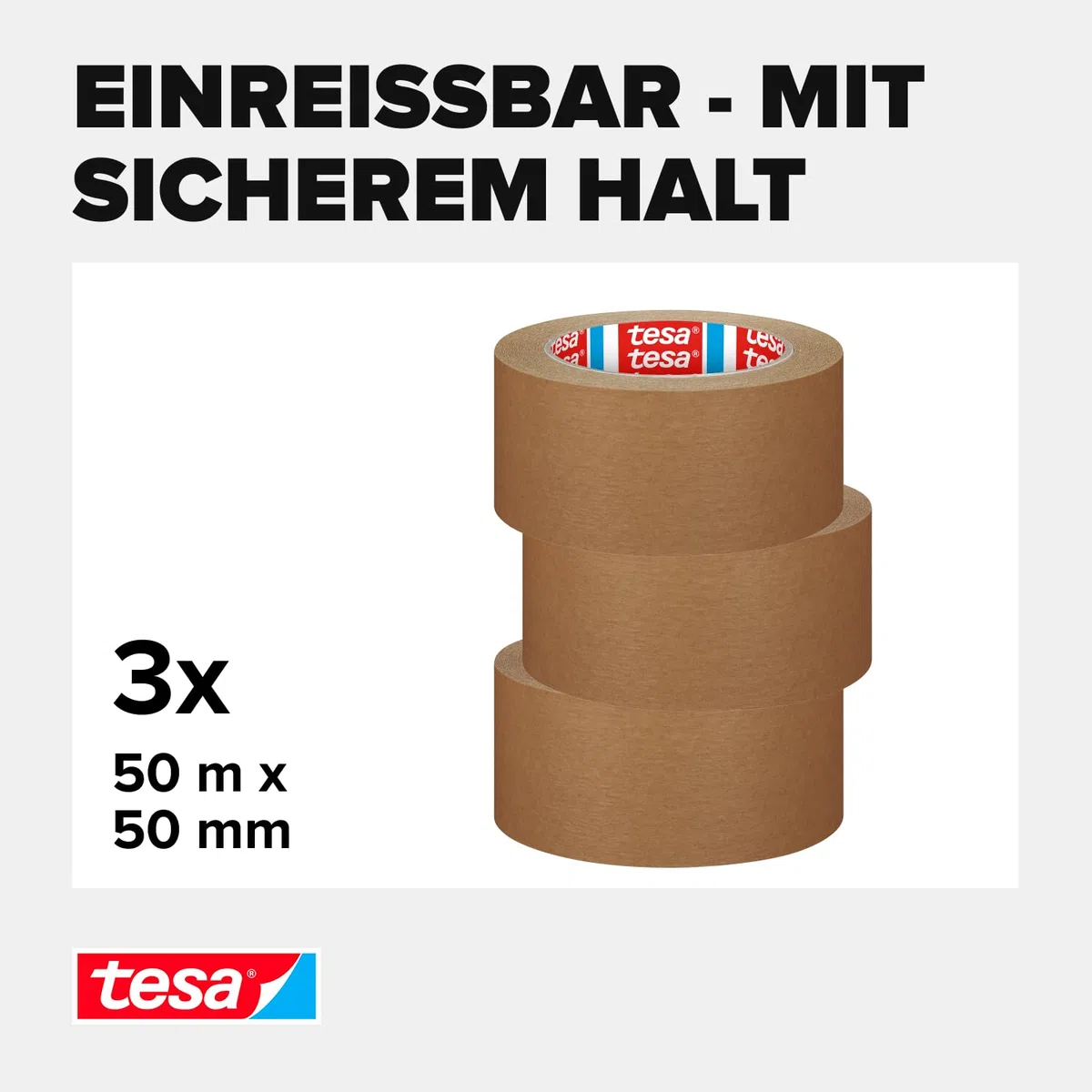 tesa tesapack Standard Paper - Paketklebeband aus Papier - 56 Prozent erneuerbare Materialien - handeinreißbares Klebeband für leichte Pakete - Braun - 3 x 50 m x 50 mm