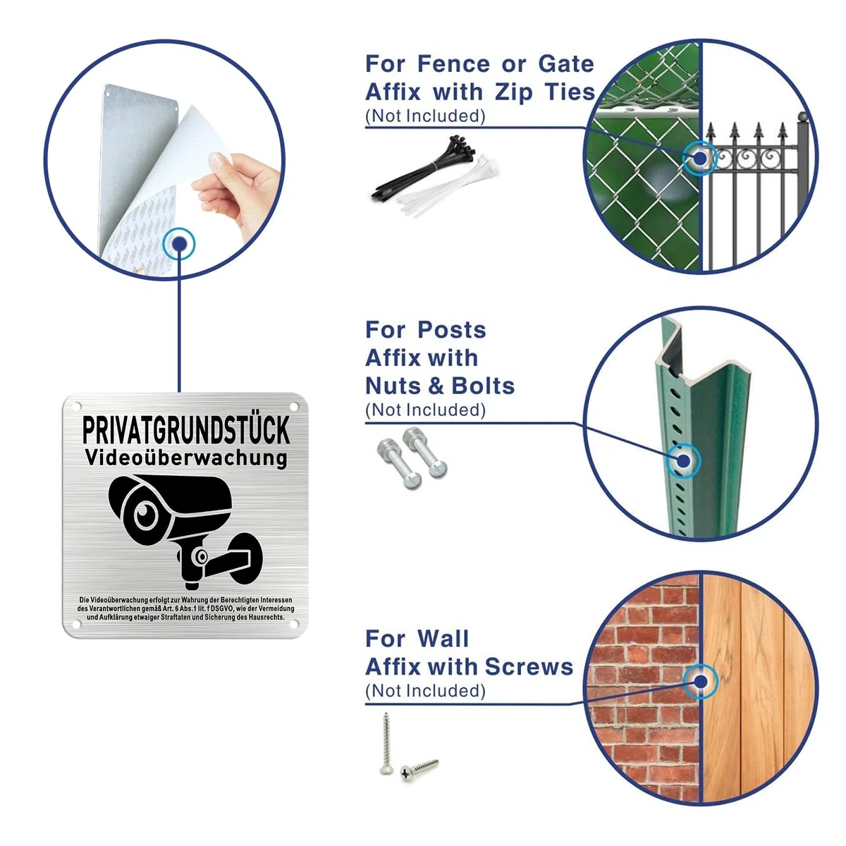 Schild Videoüberwachung Privatgrundstück Selbstklebend 12x12cm Klein Aluminium dsgvo Sicherheitsbereich Grundstück Videoüberwacht Metallschild für Innen und Außen