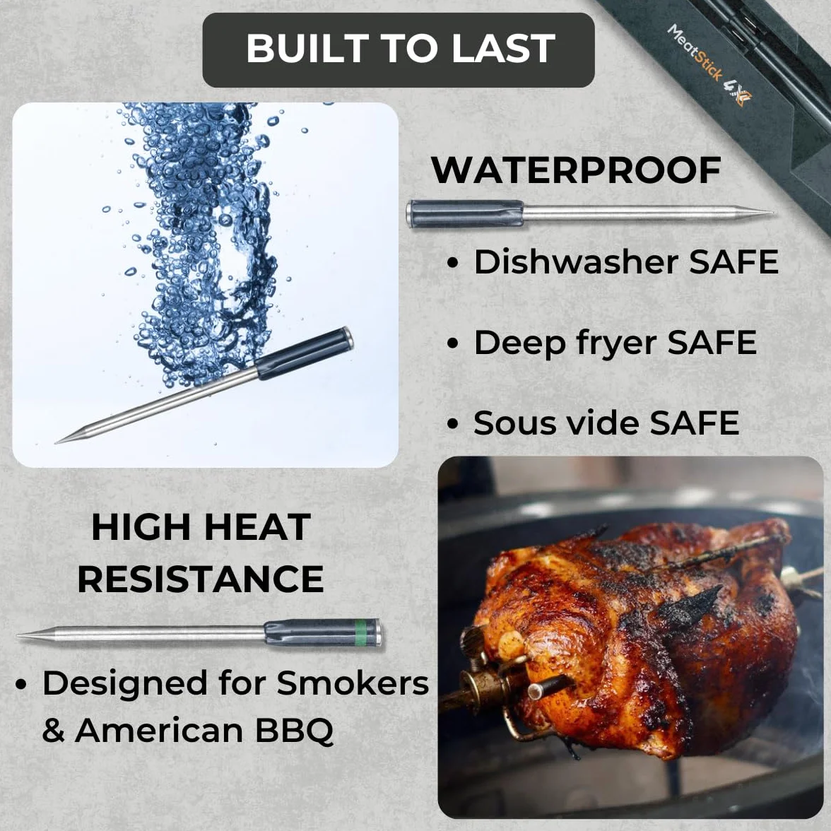 MeatStick 4X Bluetooth Wireless Meat Thermometer, 650ft+ Range Grill Probe | 4 sensors, 572°F ambient rating, 70+ hr battery. Built for big cuts and long smokes. For Grilling, Smoker, Oven, BBQ
