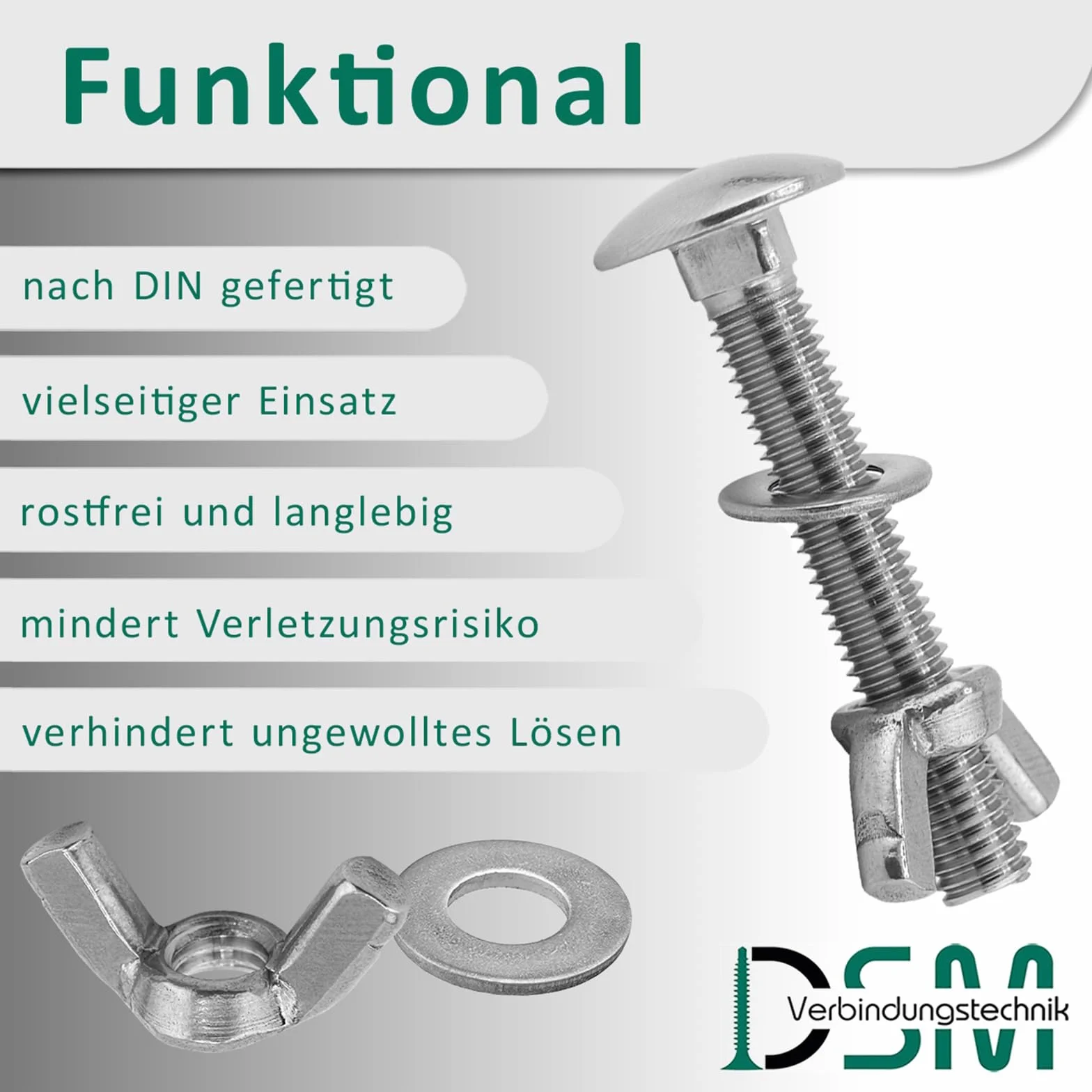 DSM – Schlossschrauben M6 x 80 mm nach DIN 603 – M6 Flügelmutter DIN 315 & Unterlegscheibe DIN 125 – Edelstahl A2/V2A – Flachrundkopfschrauben mit Vierkantansatz – Schmetterlingsmutter – 10 Stück