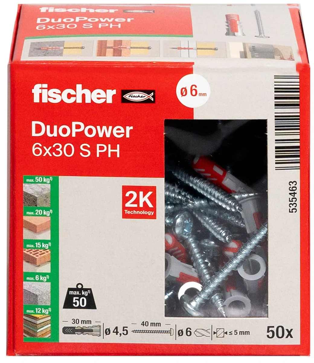 fischer DuoPower 6 x 30 S PH, Universaldübel mit Panheadschraube, 2-Komponenten-Dübel, Kunststoffdübel zur Befestigung in Beton, Ziegeln, Stein, Gipskarton uvm., 50 Dübel + 50 Schrauben