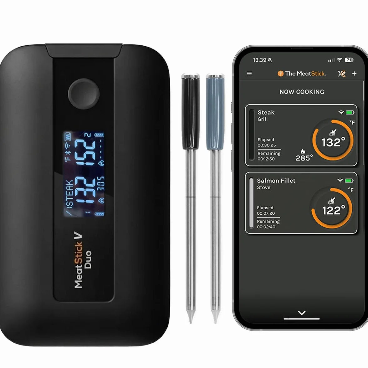 MeatStick V Duo WiFi Wireless Meat Thermometer, Dual Probe LCD Base | 11 sensors total, 1200°F rated, 50+ hr battery, dishwasher safe probes. For Grilling, Smoking, BBQ, Oven, Air Fryer