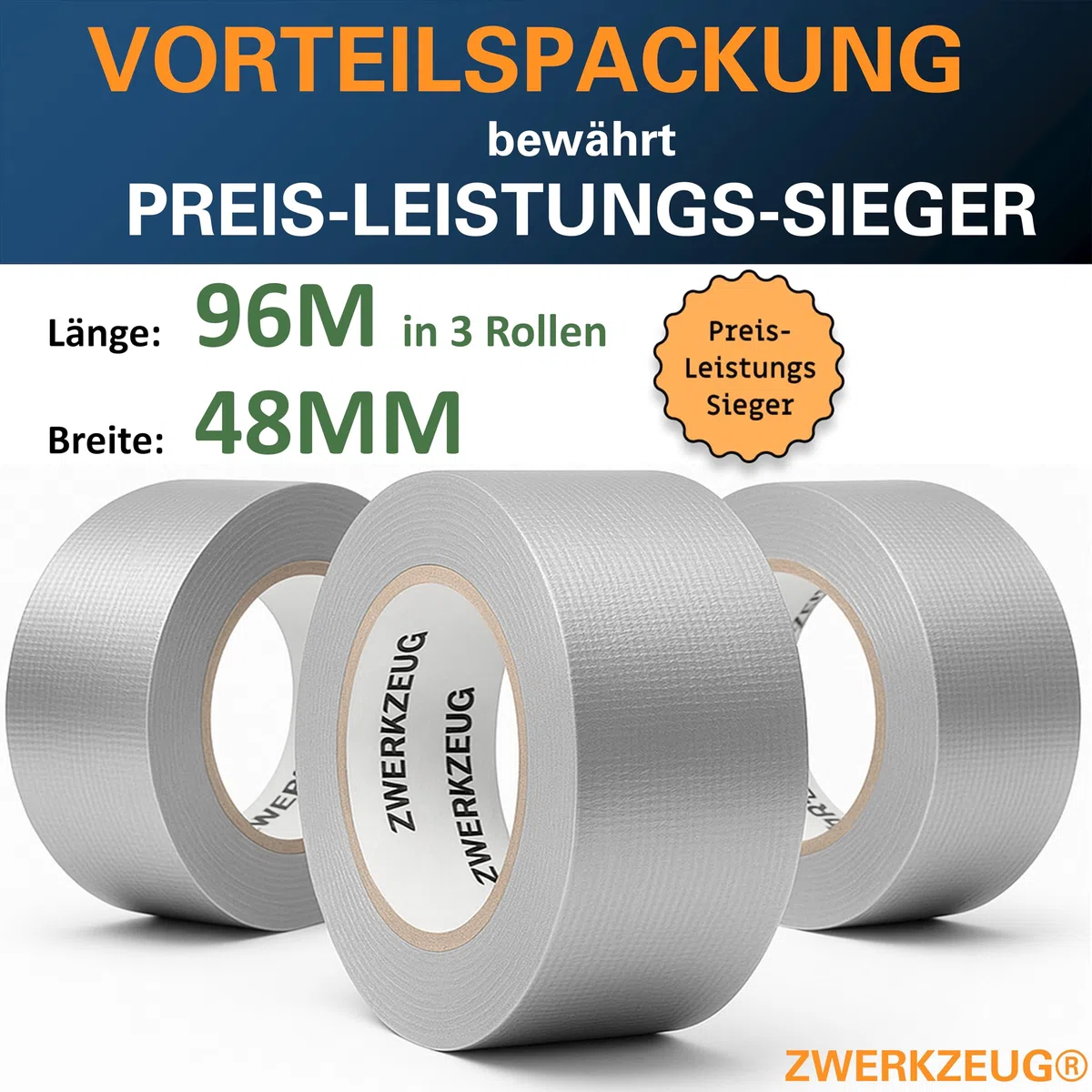 Panzertape - 3 Rollen - 48mm x 96m zwei Farben erhältlich Reparatur Klebeband - Gewebeband - extra stark - wasserfest - Gaffa Tape - power Duct Tape - Panzerband (Silber)