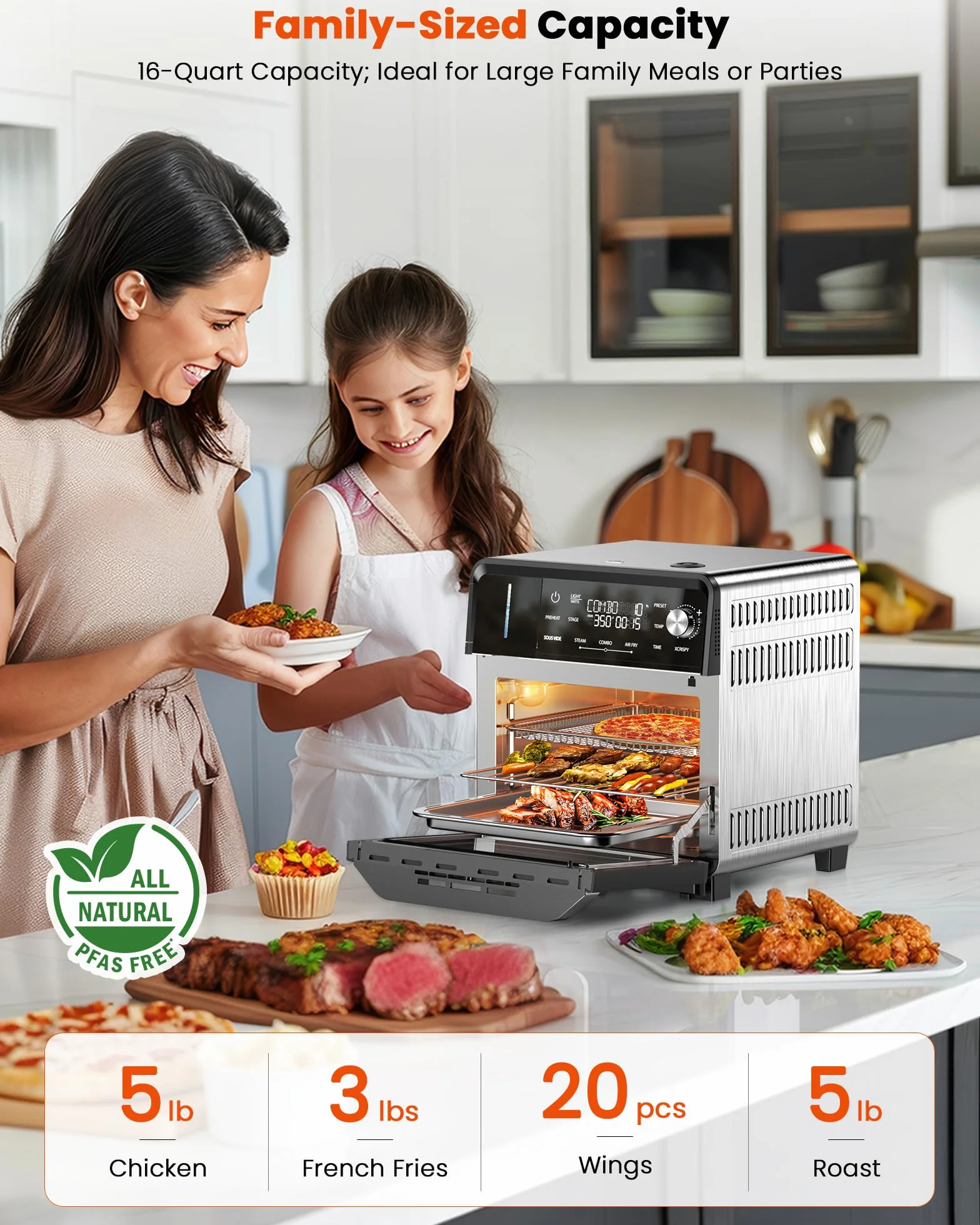 Combi Steam Oven, Non-Toxic Stainless Steel Multi-Cooker, 16 quarts | Air Fry, Sous Vide, Toast & More, 50-450°F Precision, 120 Presets, Moisture Control, Programmable, Easy to Clean