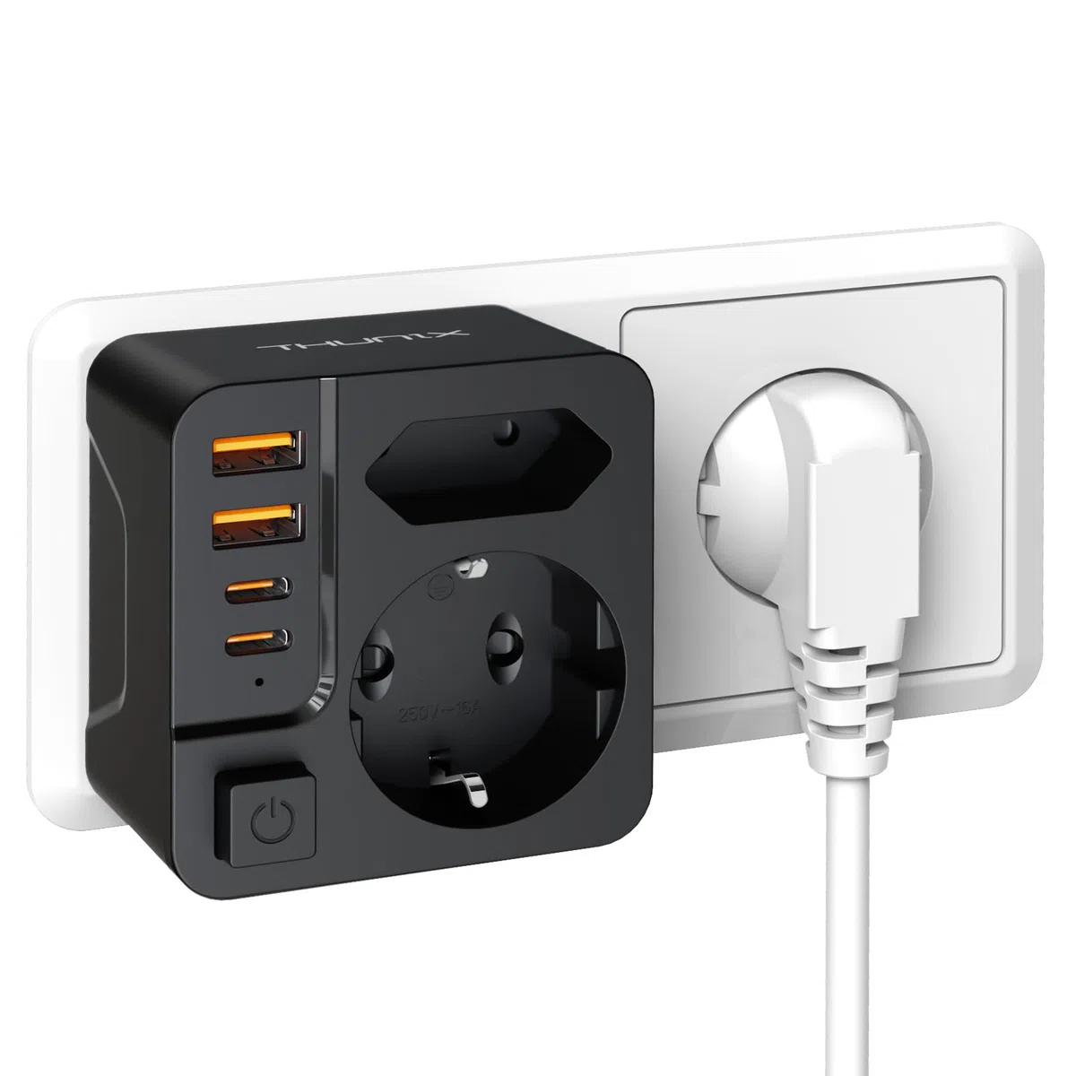 Mehrfachsteckdose USB C, THUNIX Doppelstecker für Steckdose, Steckdosenadapter 2Fach 4000W mit 4 USB Netzstecker, Mehrfachstecker mit Schalter-Schwarz