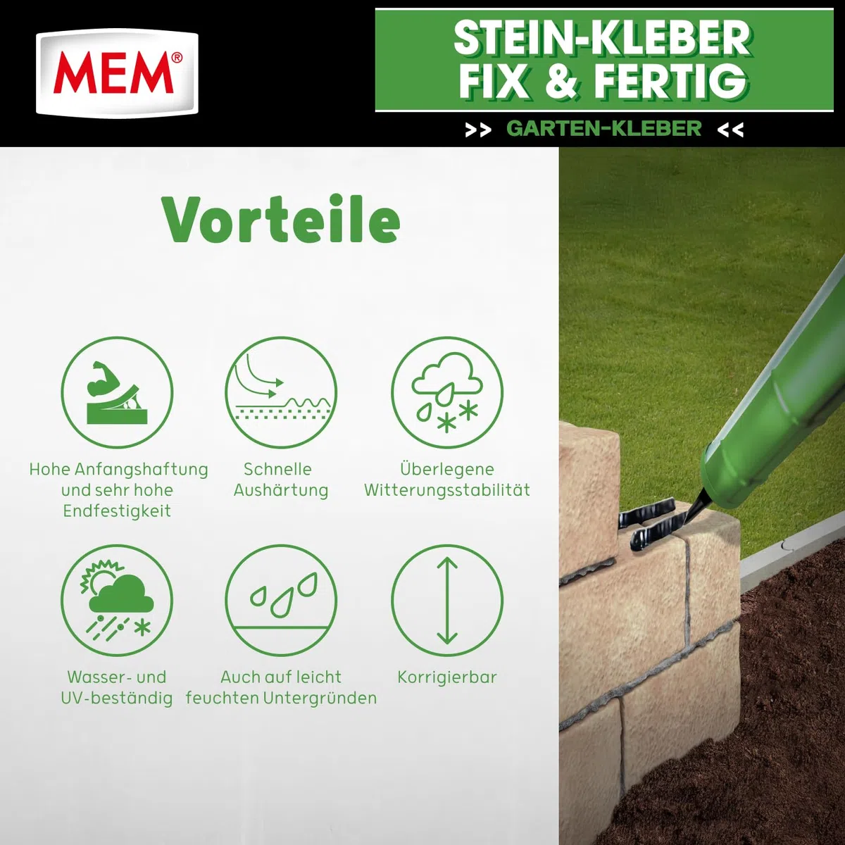 MEM Stein-Kleber Fix & Fertig, Hohe Anfangshaftung, schnelle Aushärtung und sehr hohe Endfestigkeit, Für alle Steinarten, Lösemittelfrei, 445 g Kartusche, Schwarz