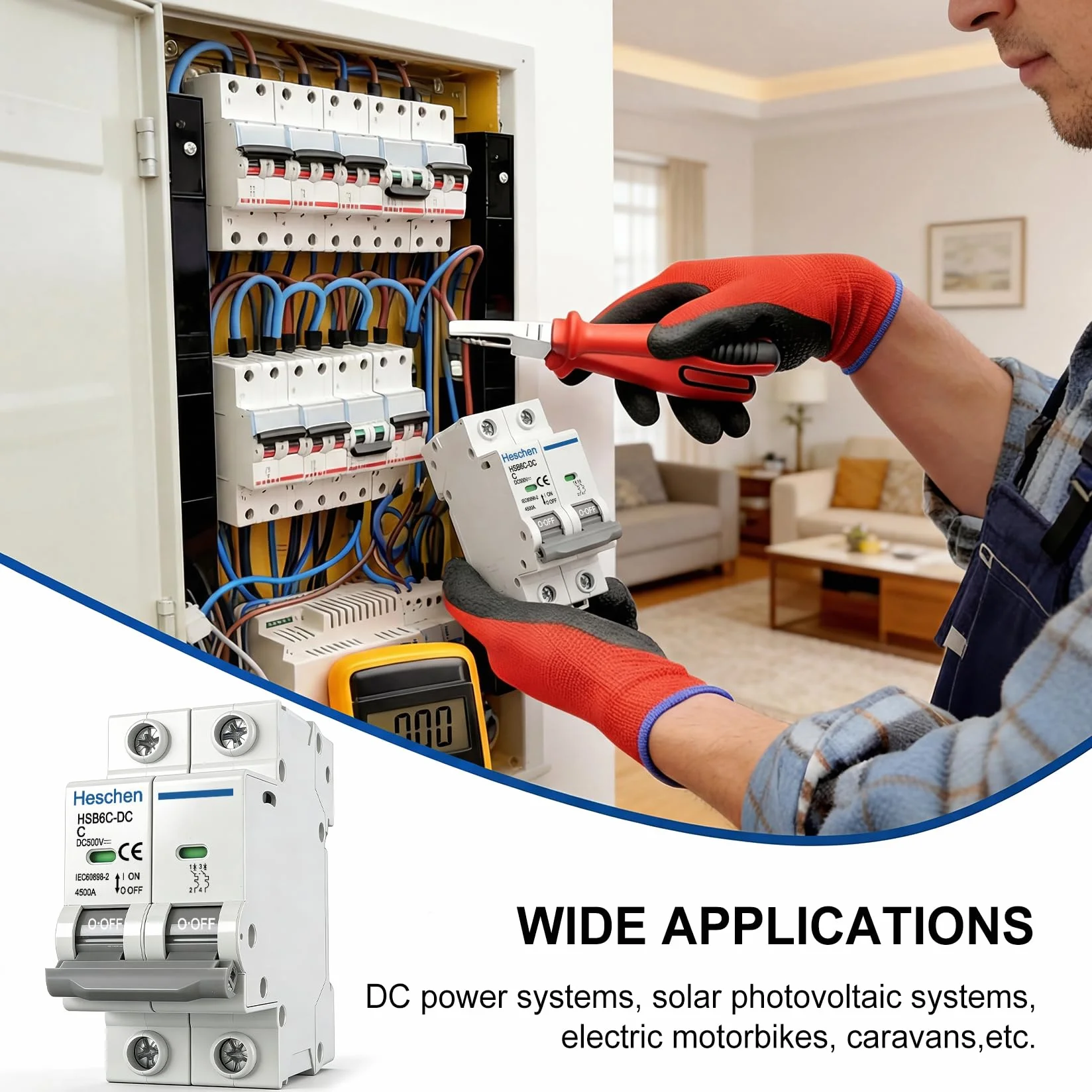 Heschen DC-Leitungsschutzschalter für Photovoltaik, HSB6C-DC, 2-polig, DC 500 V, C 16A, nicht polarisiert, DIN-Schienenmontage, für Solaranlagen