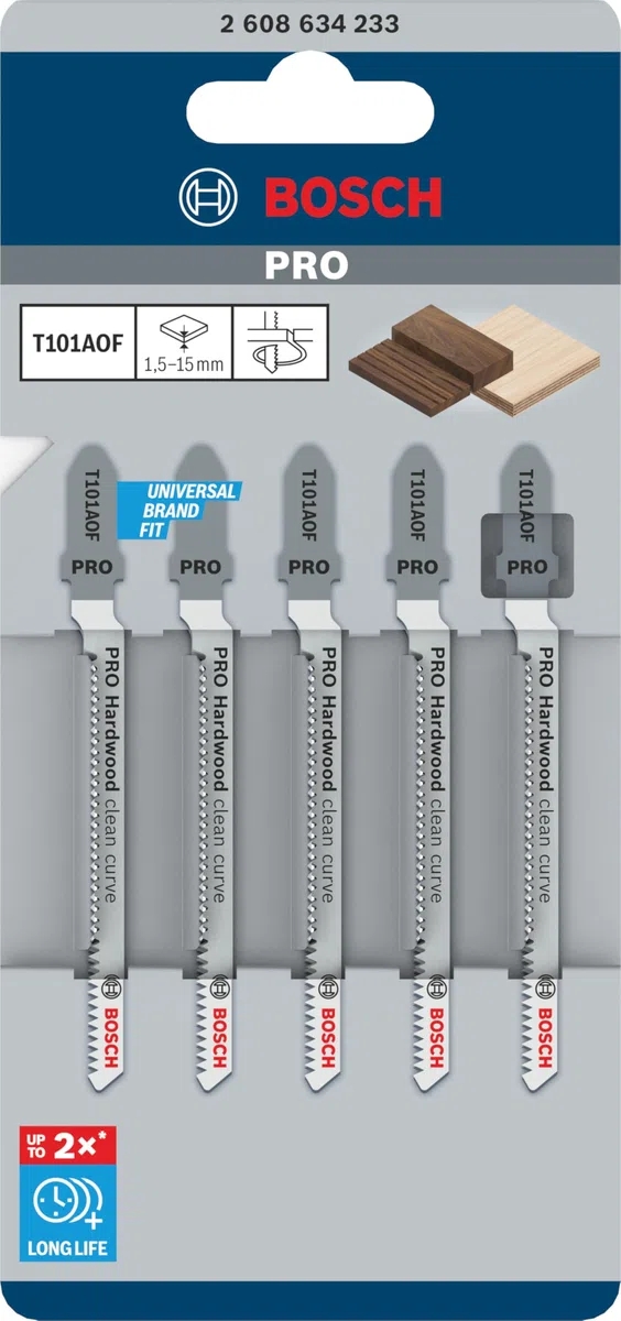 Bosch 5x PRO Hardwood clean T101AOF Stichsägeblatt für Kurvenschnitte (für Hartholz, Multiplexplatte, Länge 83 mm, Professional Zubehör Stichsäge)